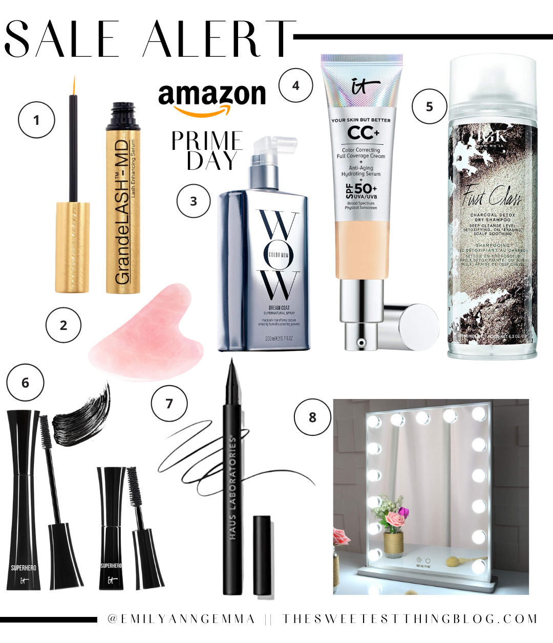 Amazon Prime Day by popular US life and Style blog, The Sweetest Thing: collage image of Grande LASH-MD, WOW face cream, it Cosmetics cc cream, First Class charcoal detox, rose quartz face stone, it Cosmetics super hero mascara, Haus Laboratories eye liner, and lighted makeup mirror. 