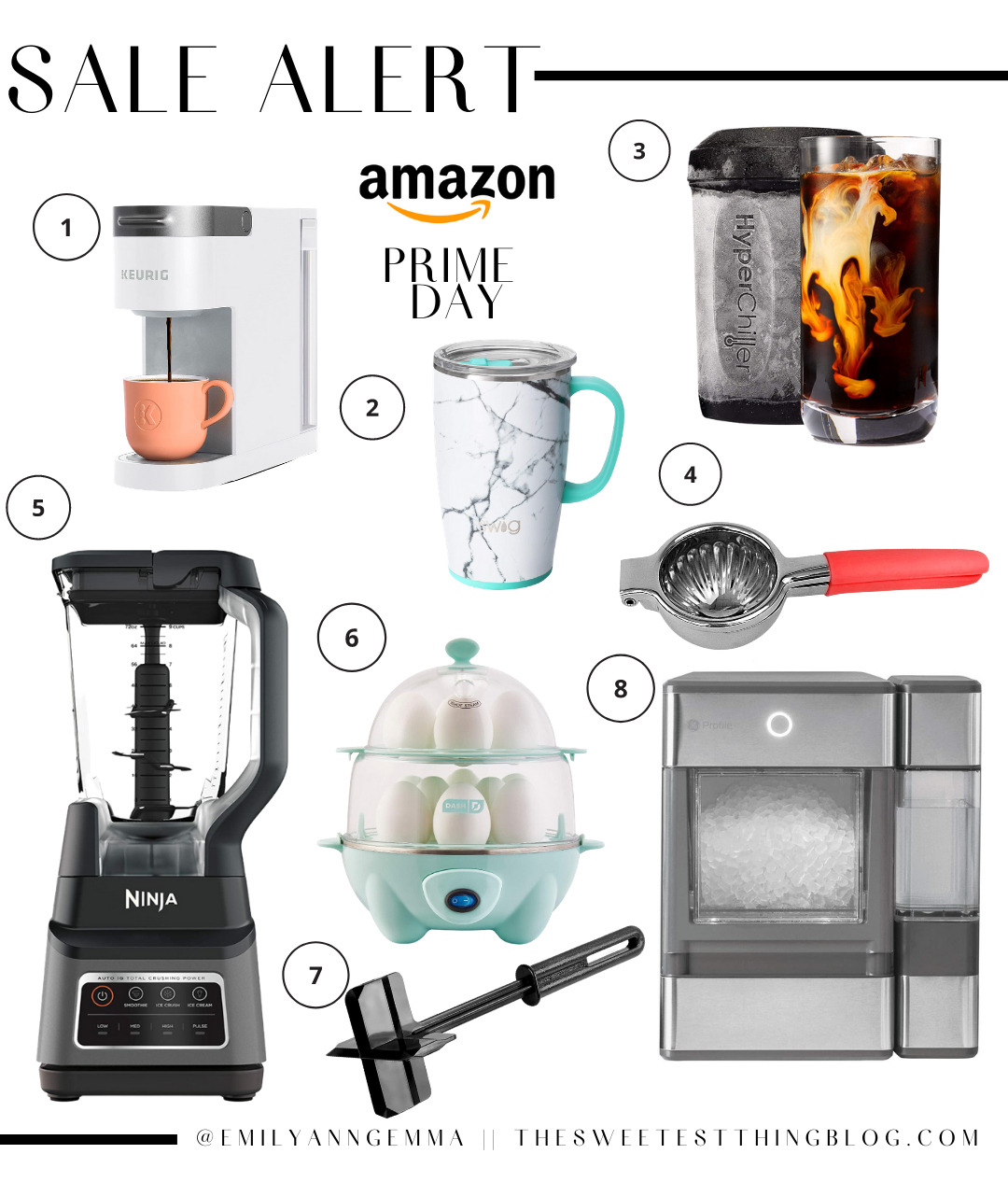 Amazon Prime Day by popular US life and Style blog, The Sweetest Thing: collage image of a lemon squeezer, Hyper Chiller, Keurig coffee maker, Ninja blender, pebble ice machine, rapid egg cooker, insulated thermos, and meat chopper. 