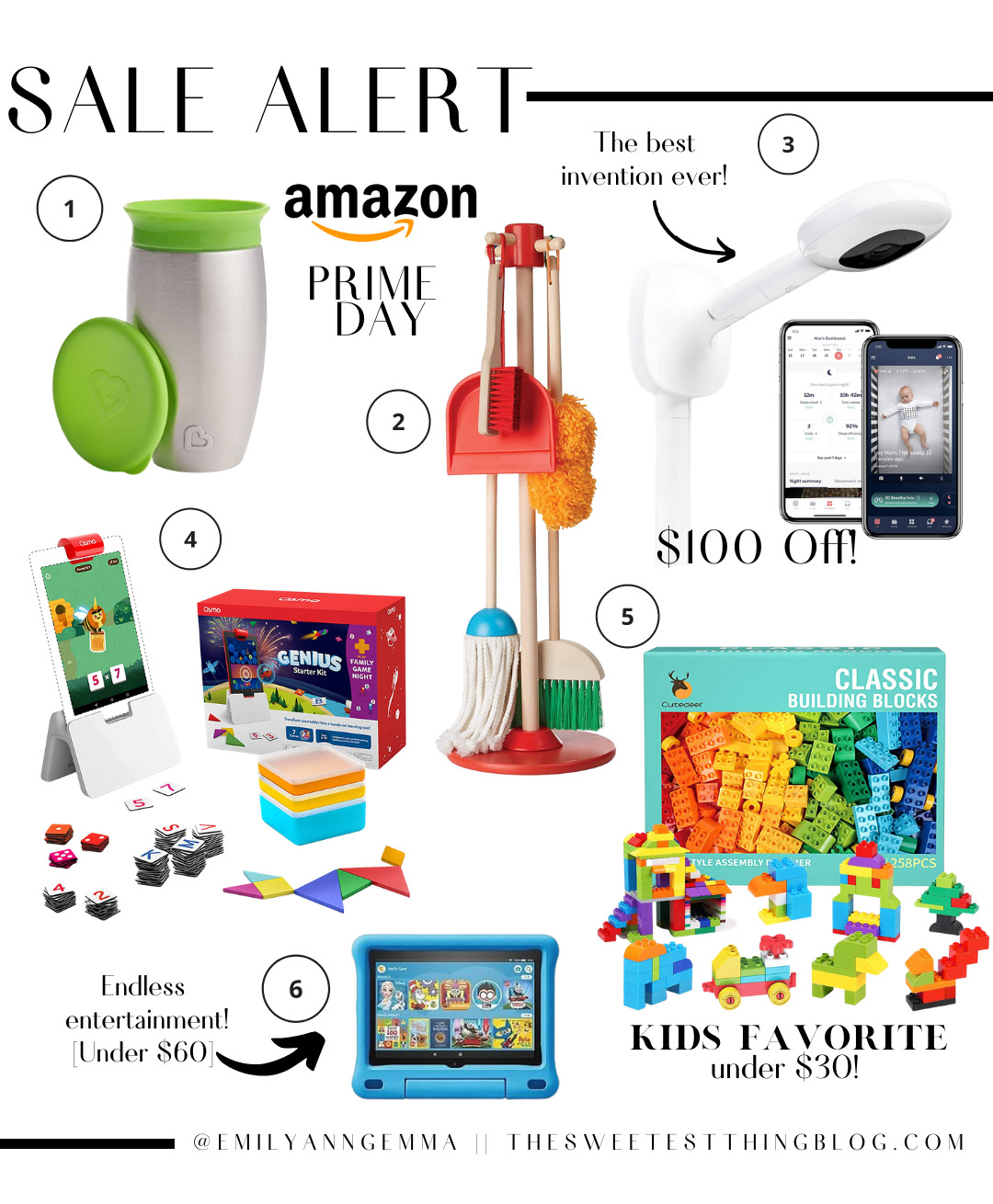 Amazon Prime Day by popular US life and Style blog, The Sweetest Thing: collage image of classic building blocks, Melissa and Doug cleaning playlet, Nanit pro baby monitor, Munchkin Stainless Steel sippy cup, Genius starter kit, and Amazon fire kindle. 
