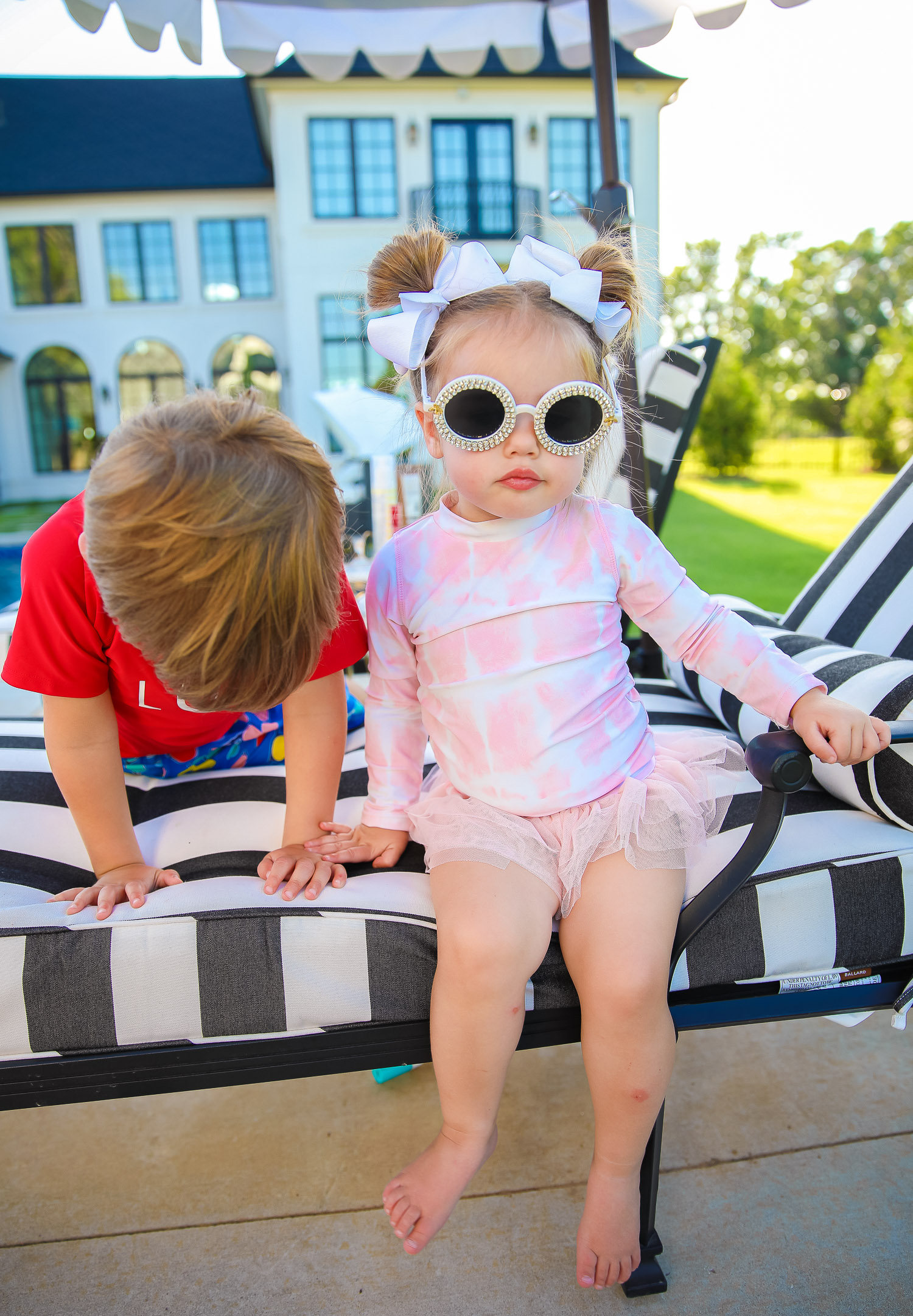 baby tie dye swimsuit, shade critter swimsuit, boys toddler monogram rash guard, striped pool cushion cover chaise longer, striped umbrella, 