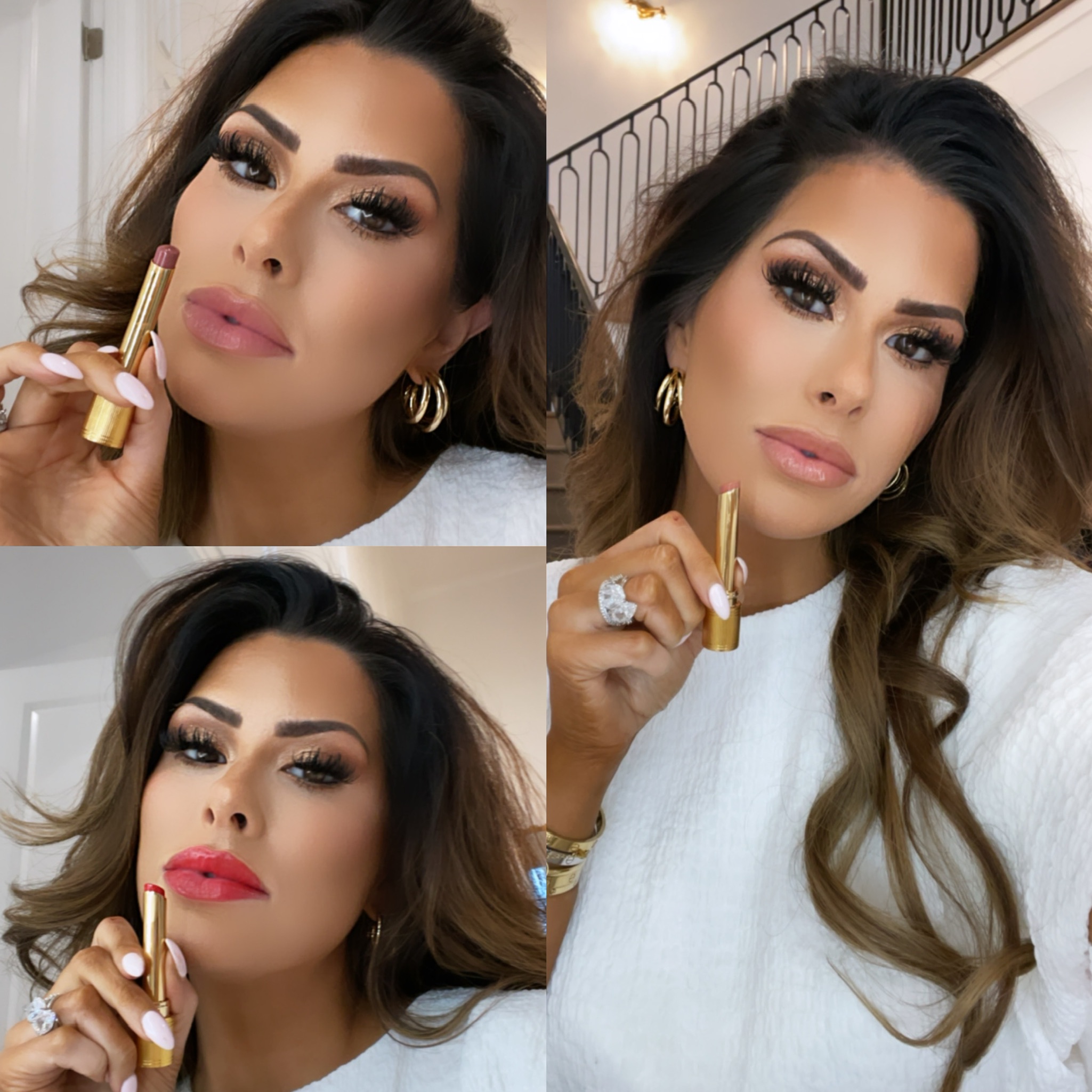 gucci beauty, makeup review, gucci glow lip, best summer lipsticks, Emily Ann gemma makeup routine, gucci lipstick | Instagram Recap by popular US life and style blog, The Sweetest Thing: image of Emily Gemma wearing a white top, gold hoop earrings and holding Gucci lipstick. 