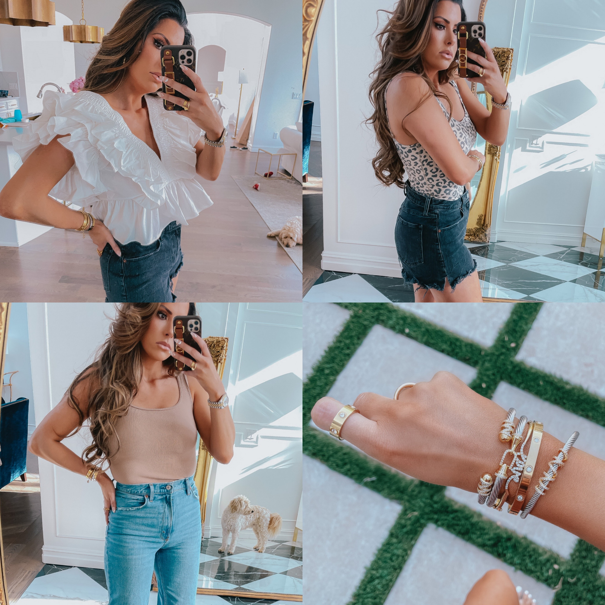 collage-emily-ann-gemma-summer-sale-blog-post | LTK Sales by popular US fashion blog, The Sweetest Thing: collage image of Emily Gemma wearing a white ruffle neck blouse, leopard print one piece, tan tank, light wash jeans, and gold and silver bracelets. 
