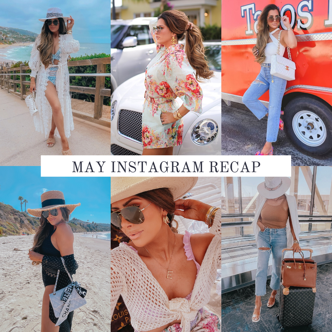 Instagram Fashion by popular US fashion blog, The Sweetest Thing: collage image of a woman wearing various outfits. | May Instagram Recap by popular US lifestyle blog, The Sweetest Thing: collage image of some of Emily Gemma's May Instagram pictures. | May Instagram Recap by popular US fashion blog, The Sweetest Thing: collage image of Emily Gemma wearing beach outfits, floral print long sleeve blouse, floral print shorts, denim cropped jeans, lavender swimsuit, cream crochet cover up, straw boater hat, black swimsuit, black cover up, airport outfit, Louis Vuitton carry on suitcase. 