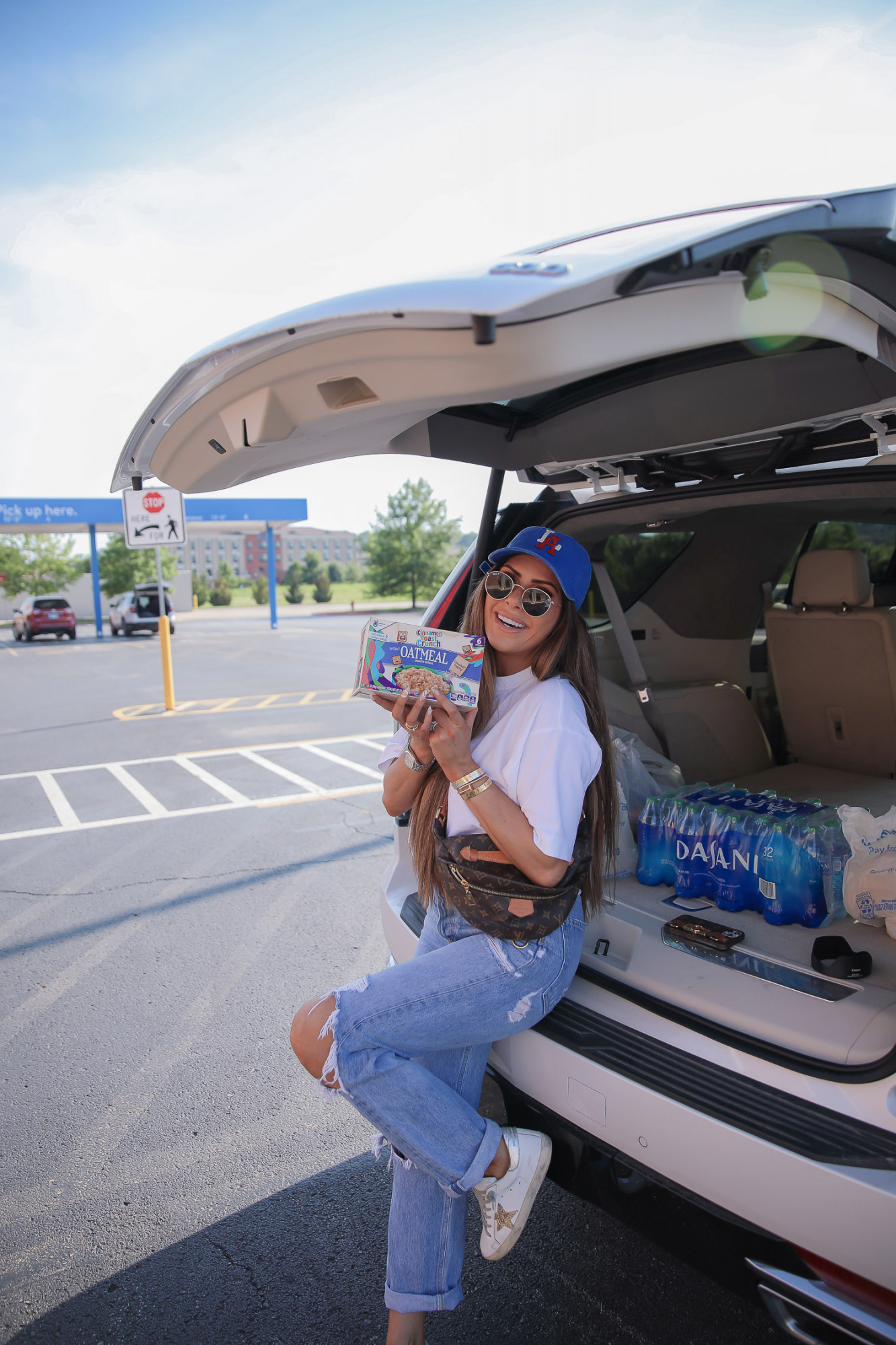 Walmart pickup, Emily ann gemma, walmart must haves, Walmart groceries, gemma gang, best summer snacks, casual summer outfit, golden goose sneakers, ray ban sunglasses, patriotic cap, white t-shirt, Louis Vuitton bum bum bag