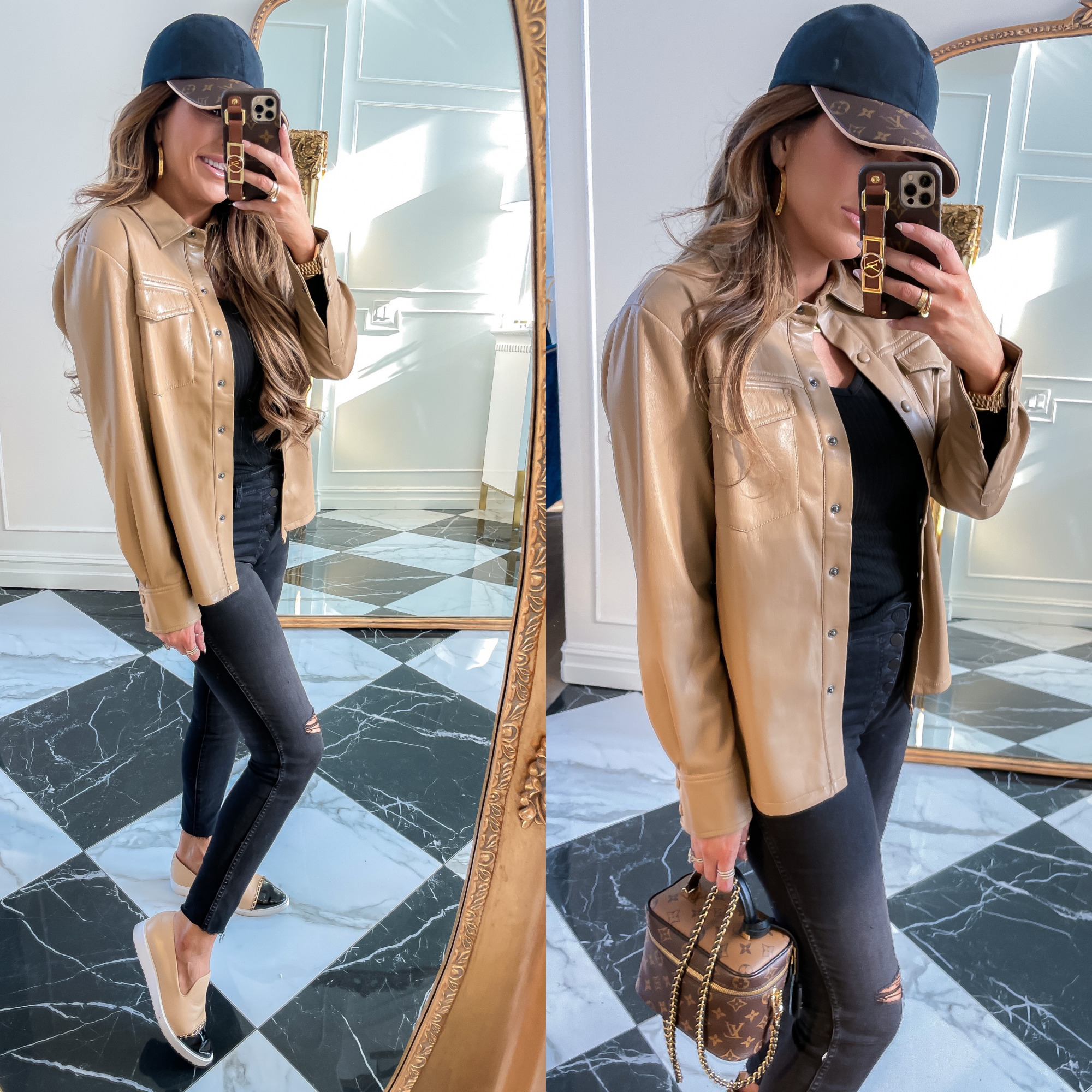 nordstrom sale 2021 must haves, Good american NSALE 2021, Emily gemma | Instagram Recap by popular US life and style blog, The Sweetest Thing: image of Emily Gemma wearing a black and brown Louis Vuitton ball cap, black t-shirt, black distressed jeans, tan faux leather button up shirt, and tan and black shoes. 