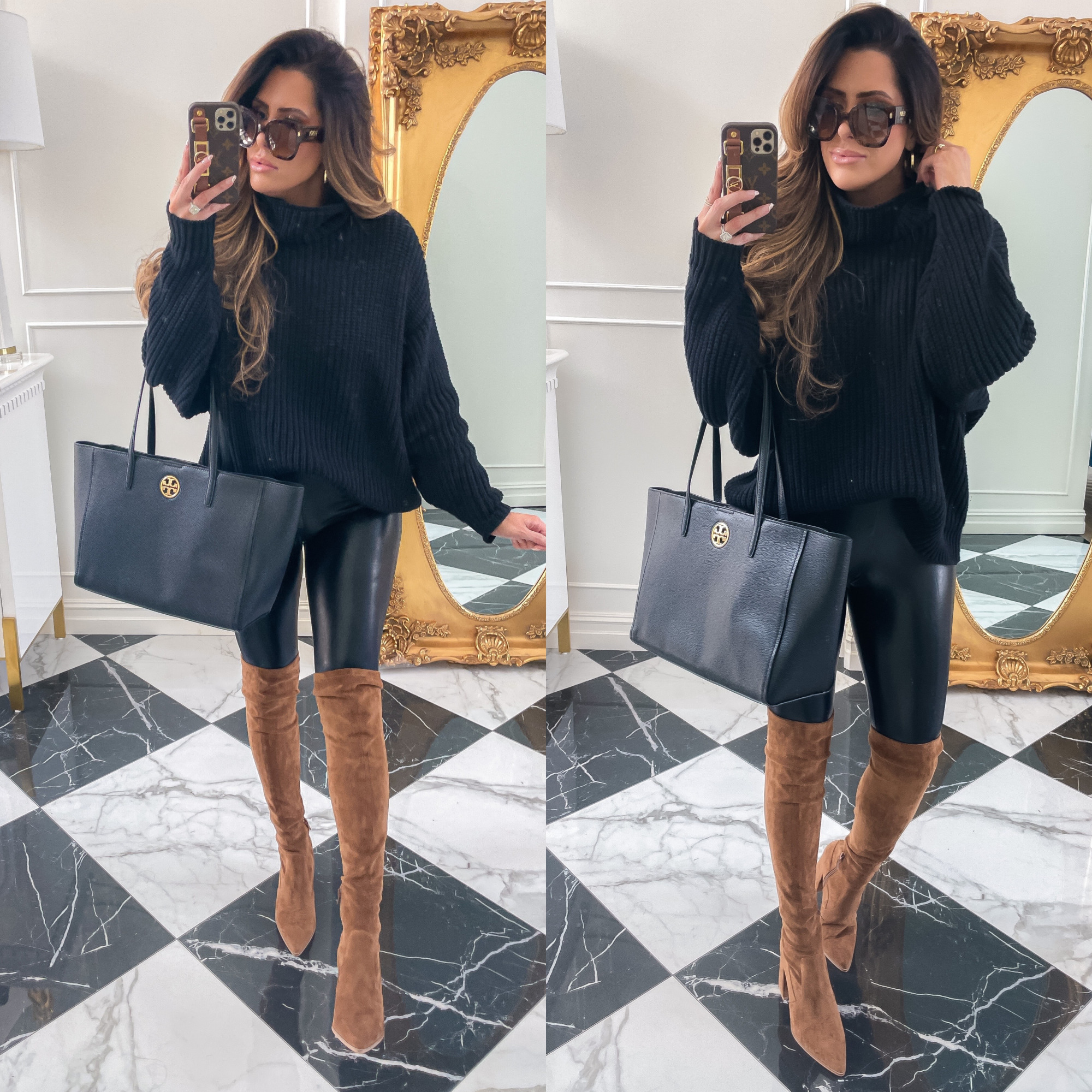 NSALE 2021 picks best of sale emily ann gemma | Nordstrom Anniversary Sale by popular US fashion blog, The Sweetest Thing: image of Emily Gemma wearing a black knit mock neck sweater, black faux leather leggings, brown suede over the knee boots, and holding a black Tory Burch tote bag. 