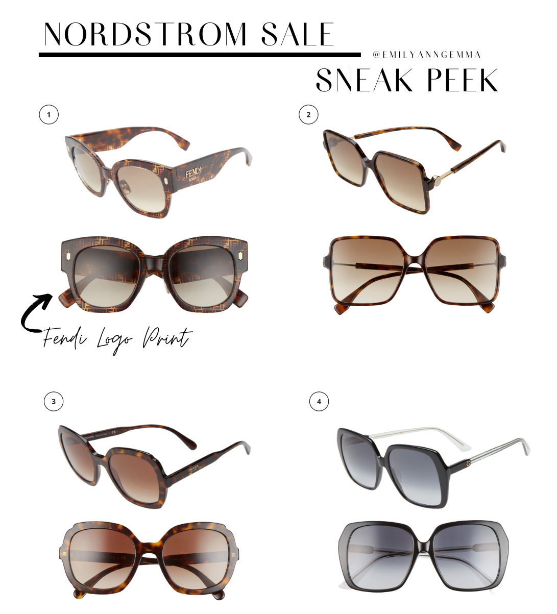 nsale 2021, nordstrom anniversary sale 2021, nSALE sunglasses, must have blog posts nordstrom sale 2020, Emily Ann Gemma, the sweetest thing blog | Nordstrom Anniversary Sale by popular US fashion blog, The Sweetest Thing: image of Nordstrom Sale items. | Nordstrom Anniversary Sale by popular US fashion blog, The Sweetest Thing: collage image of Fendi logo print sunglasses, tortoise shell sunglasses, and square black frame sunglasses. 