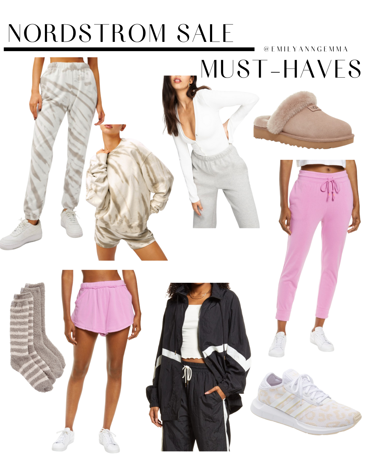 https://www.thesweetestthingblog.com/wp-content/uploads/2021/07/NSALE-Sneek-Preview-9 |  Nordstrom Anniversary Sale by popular US fashion blog, The Sweetest Thing: collage image of tan and white tie dye sweat pants, tan and white tie dye sweat shirt, white long sleeve henley top, UGG slippers, pink tie waist sweatpants, grey fuzzy socks, tan and white leopard print Adidas sneakers, pink shorts, and black and white track suit. 