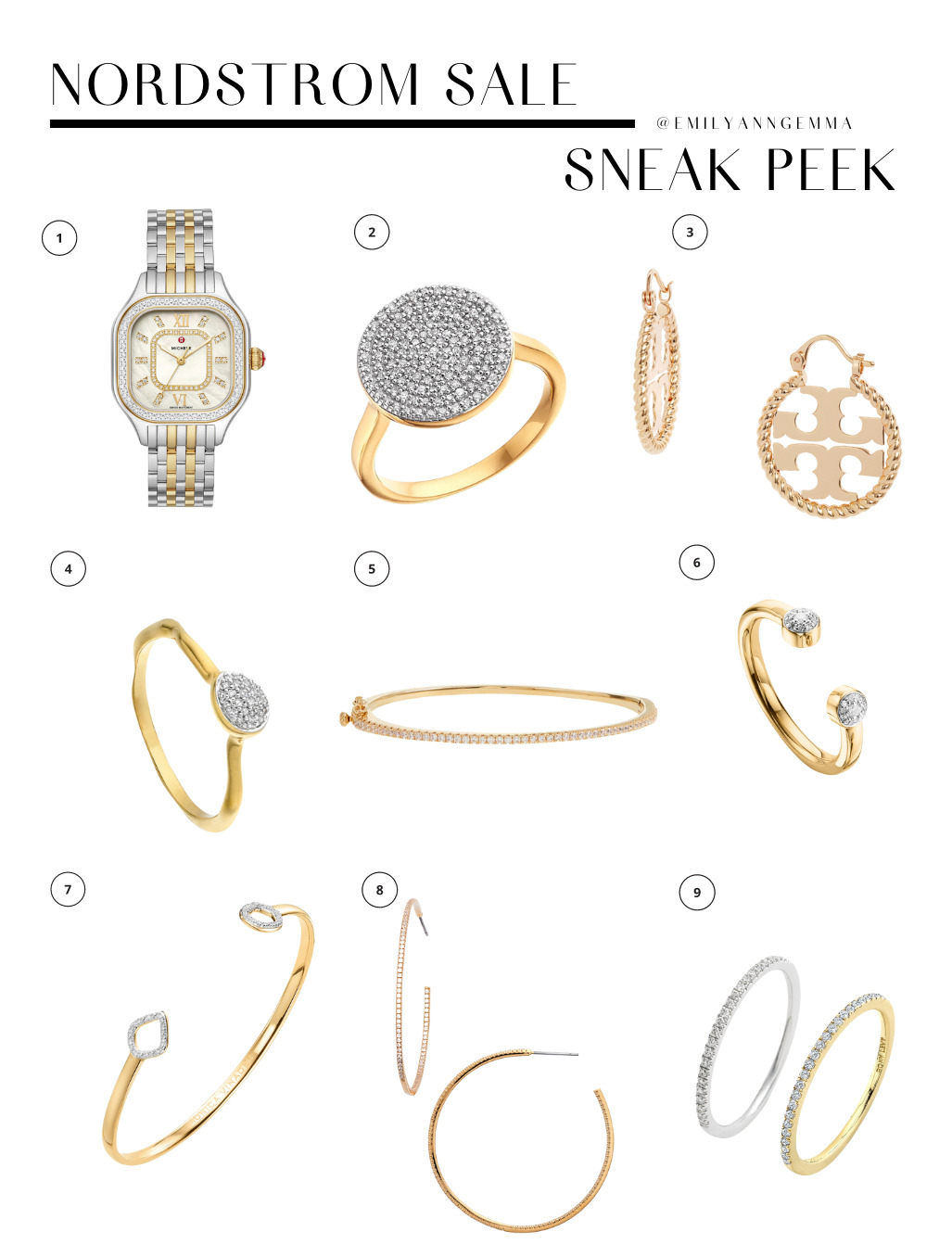 nsale 2021, nordstrom anniversary sale 2021, nSALE watch earrings bracelets and rings, must have blog posts nordstrom sale 2021, Emily Ann Gemma, the sweetest thing blog, Nordstrom Anniversary Sale by popular US fashion blog | Nordstrom Anniversary Sale by popular US fashion blog, The Sweetest Thing: collage image of a watch, Tory Burch hoop earrings, gold hoop earrings, diamond disc ring, diamond stacking rings, CZ bangle, and diamond cuff. 