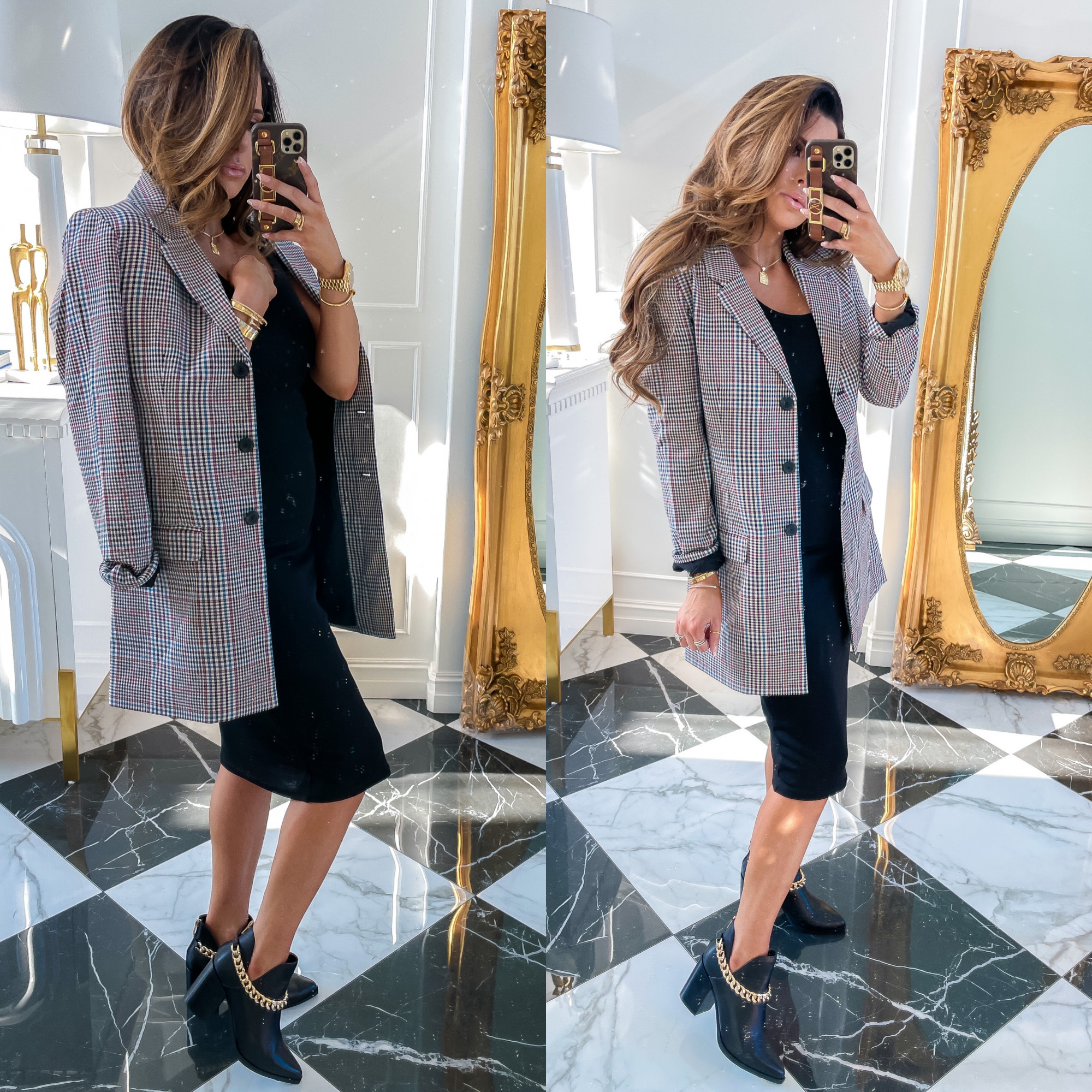 NSALE 2021 BB Dakota jacket and dress, | Nordstrom Anniversary Sale by popular US fashion blog, The Sweetest Thing: image of Emily Gemma wearing a black body con dress, BB Dakota plaid jacket and black gold chain ankle boots. 