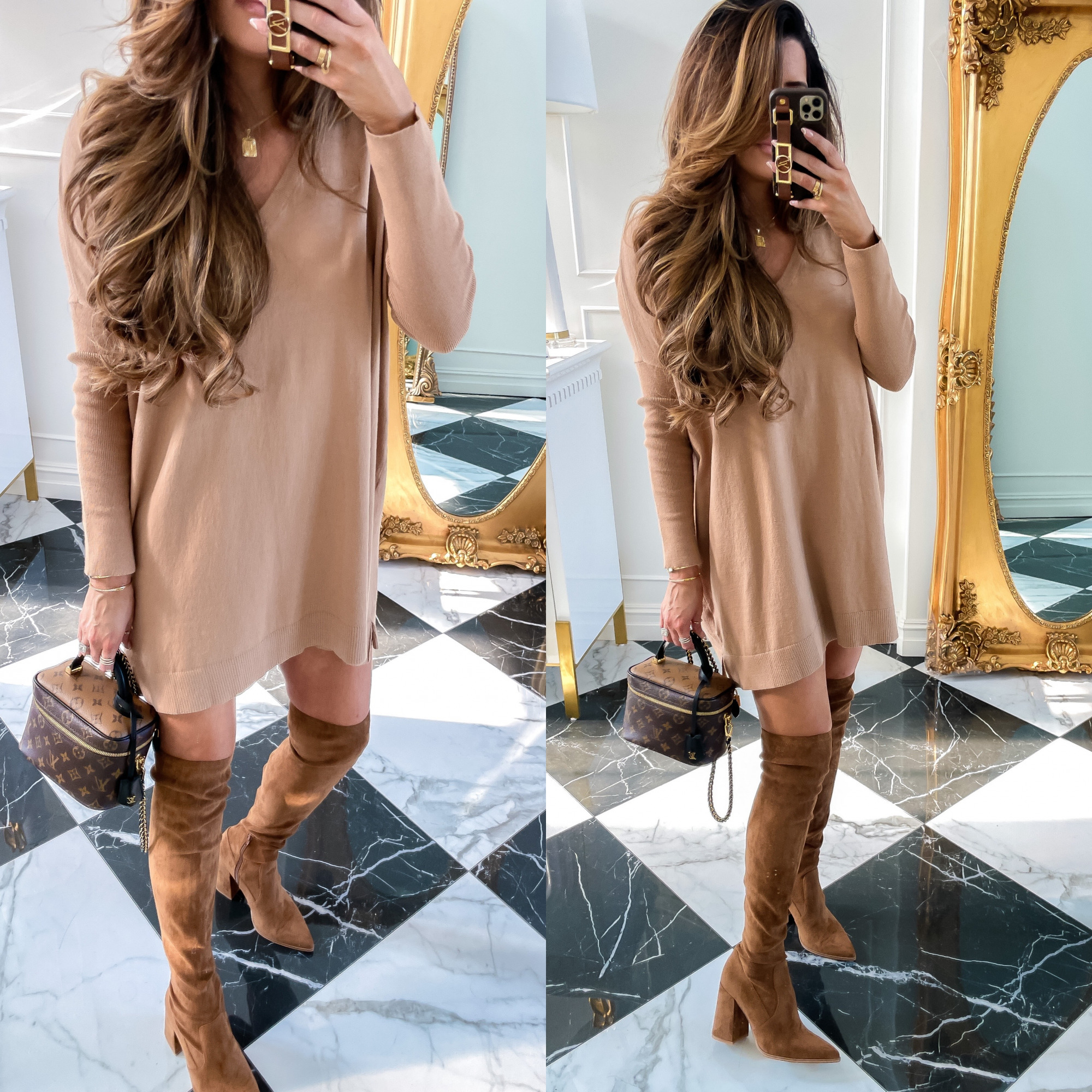 Nordstrom Anniversary Sale 2021 Picks, NSALE 2021 picks must haves, Nsale 2021 Steve madden tan boots, Emily gemma | Instagram Recap by popular US life and style blog, The Sweetest Thing: image of Emily Gemma wearing a brown sweater dress, brown suede over the knee boots and holding a Louis Vuitton bag. 