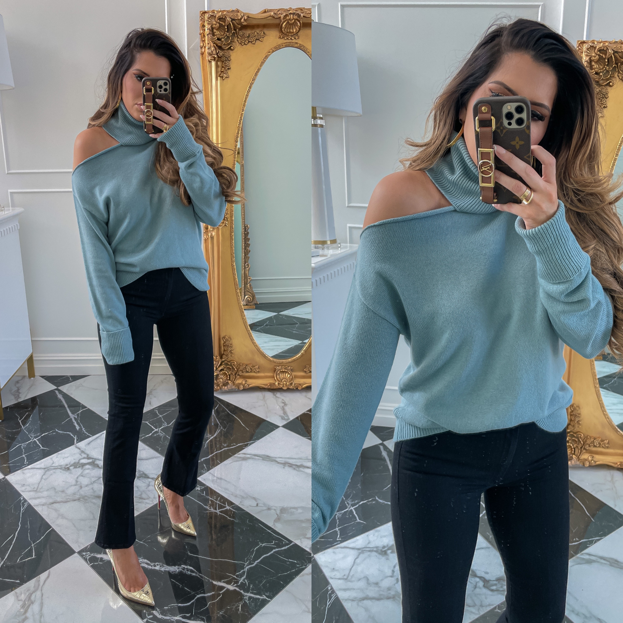 dstrom Anniversary Sale 2021 Picks, best of NSALE 2021 mother jeans, Nordstrom sale must haves blog post, Emily gemma7 \ Nordstrom Anniversary Sale US fashion blog, The Sweetest Thing: image of Emily Gemma wearing a Nordstrom cold shoulder turtleneck sweater, dark wash denim, and gold stilettos. 