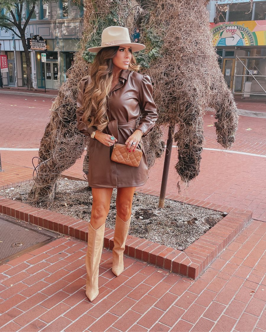 Emily ann gemma rodeo outfit, leather dress, cowboy boots, western style boots, best boots fall 2021, best hats fall 2021, ysl handbag |  Instagram Recap by popular US life and style blog, The Sweetest Thing: image of Emily Gemma wearing a brown  leather dress, tan leather Western boots, tan felt rancher hat, and brown YSL crossbody bag. 