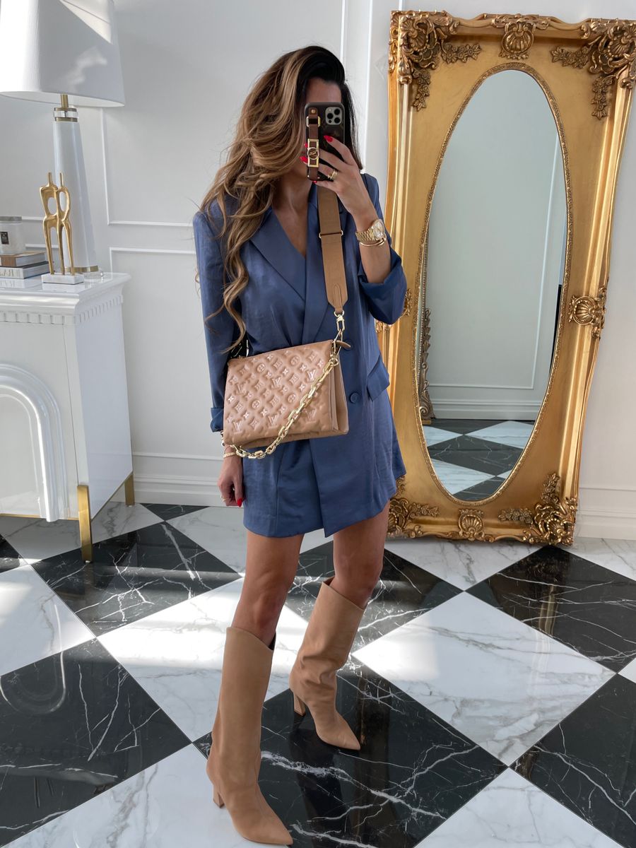 Blazer Dress, Camel Colored Boots, Louis Vuitton Coussin PM , Blue Silk Blazer, Emily Ann Gemma |  Instagram Recap by popular US life and style blog, The Sweetest Thing: image of Emily Gemma wearing a Open Edit blue silk blazer dress, tan suede Western boots, and a tan quilted Louis Vuitton crossbody bag. 
