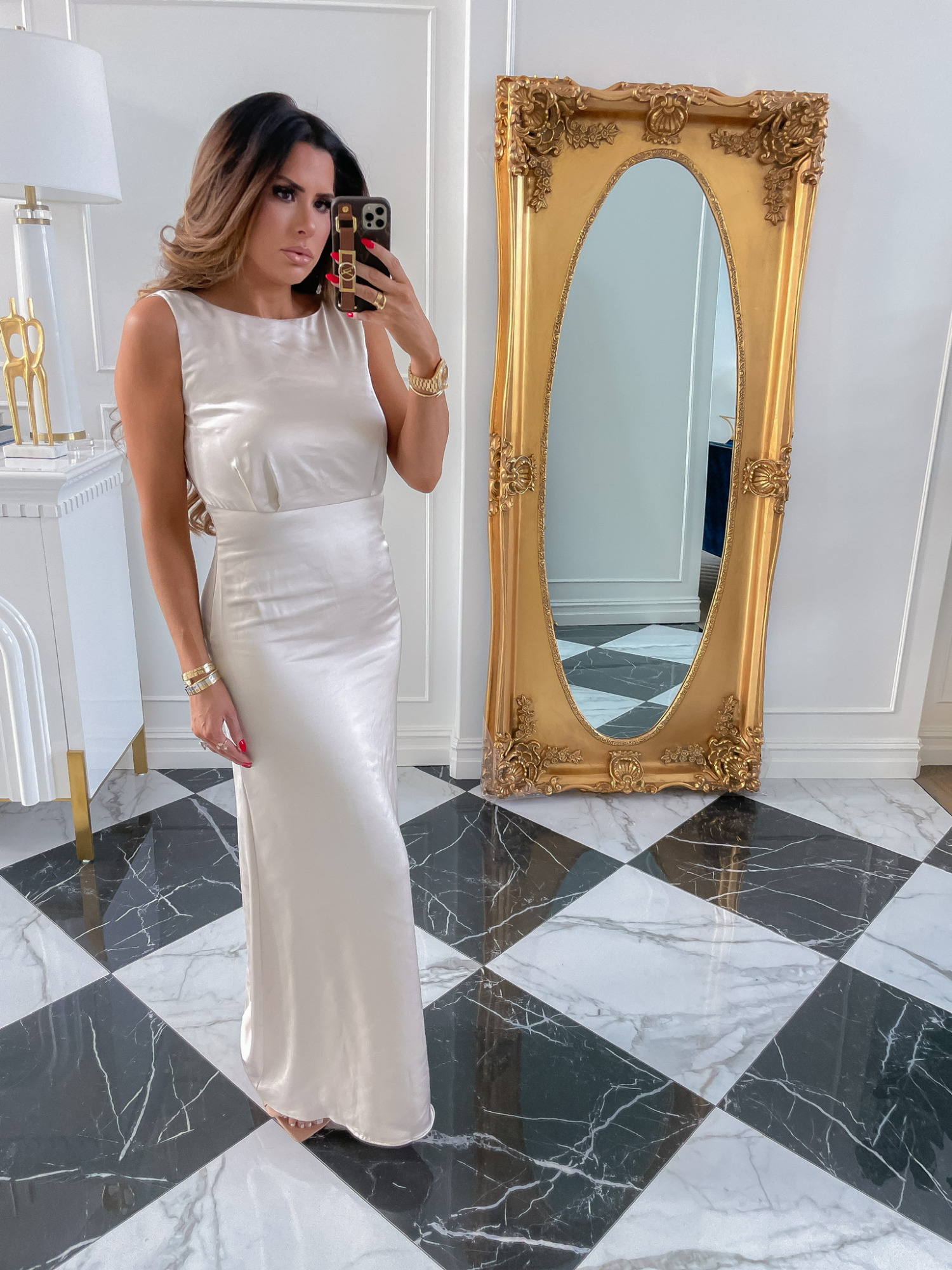 Red Dress Try On Haul, Fall Dresses, Fall Outfit Ideas, Wedding Guest Looks, Emily Ann Gemma, Pre-Fall Transitional Outfit Ideas | Fall Outfits by popular US fashion blog, The Sweetest Thing: image of Emily Gemma wearing a white satin Red Dress maxi dress. 
