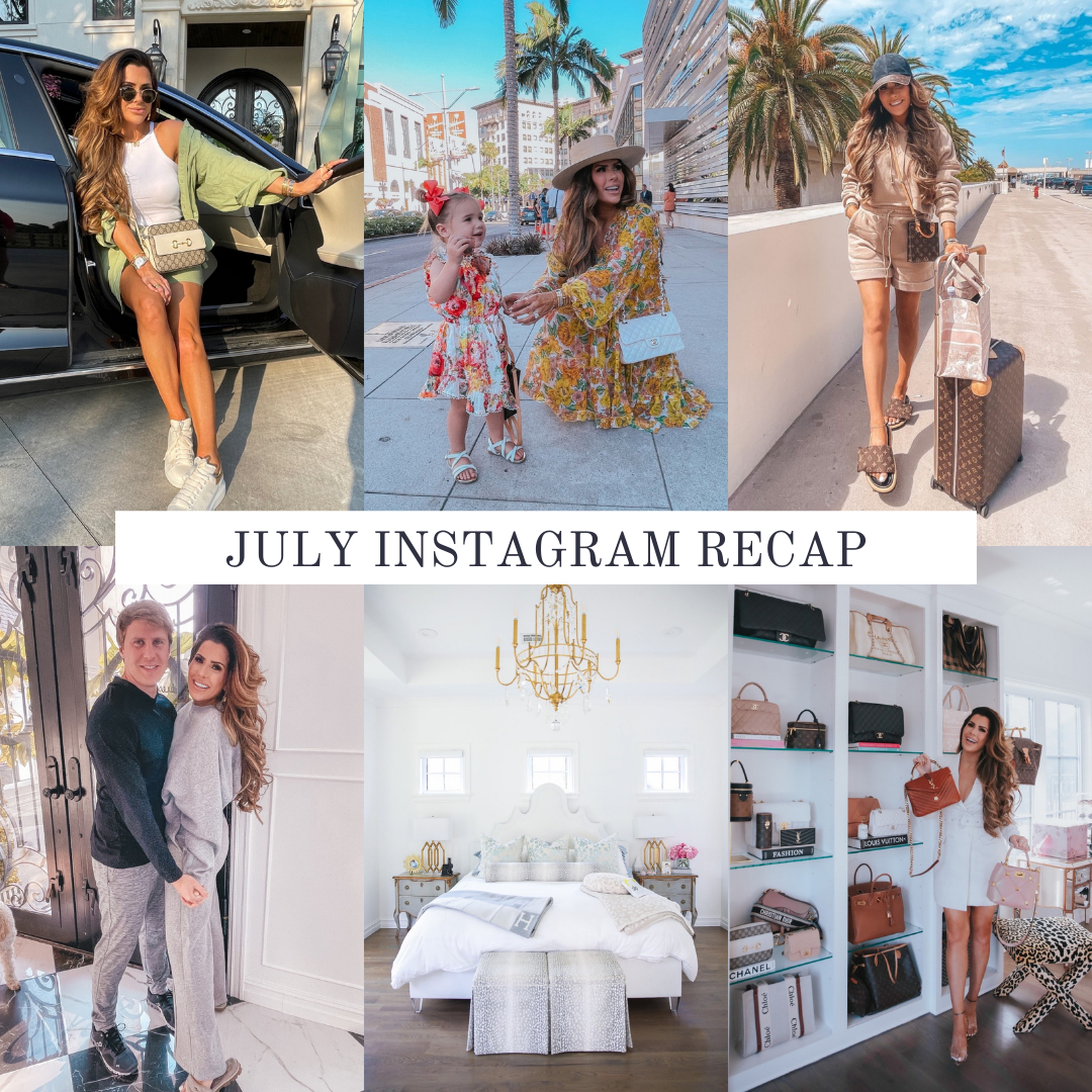 instagram recap July, collage of Emily ann Gemma wearing various outfits | Instagram Recap by popular US life and style blog, The Sweetest Thing: collage image of Emily Gemma getting out of a black car, Emily Gemma with her daughter Sophie, Emily Gemma standing with her luggage next to some palm trees, Emily Gemma standing next to her husband, Emily Gemma' master bedroom, and Emily Gemma standing next to some of her designer handbags. 