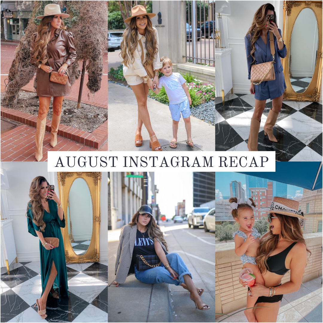 Instagram Recap by popular US life and style blog, The Sweetest Thing: collage image of Emily Gemma wearing a brown shirt dress and tan felt rancher hat with tan knee high cowboy boot, utility romper with a brown felt rancher hat and brown block heel slide sandals, blue blazer dress with brown suede knee high cowboy boots, emerald green maxi wrap dress with tan braided strap sandals and holding a brown YSL clutch, black faux leather baseball cap with a black Levi's t-shirt, Black and cream plaid blazer and jeans, black bikini with a Chloe straw boater hat. 