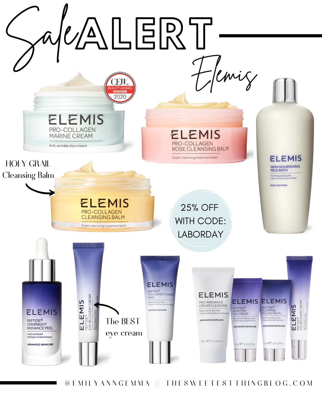 Top Labor Day Sales by popular US life and style blog, The Sweetest Thing: collage image of Elemis skincare products. 