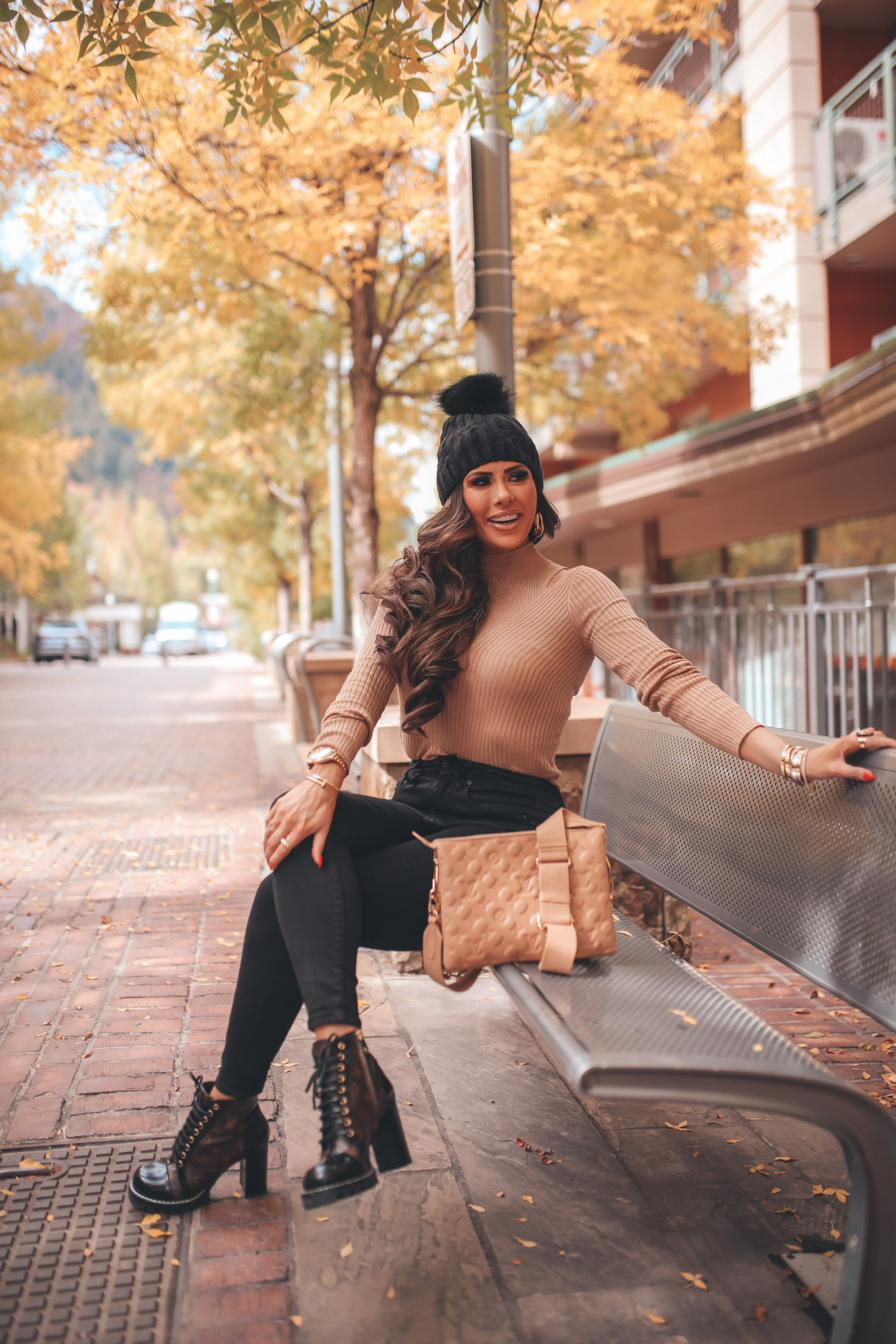 Express Fall Fashion 2021, Camel Sweater, Cut Out Sweater, Black Skinny Jeans, Louis Vuitton Star Trail Ankle Boot, Louis Vuitton Coussin PM, Emily Gemma Fall Fashion, Fall Fashion 2021, Fall Outfit Ideas, What to Wear in Aspen, Emily Ann Gemma