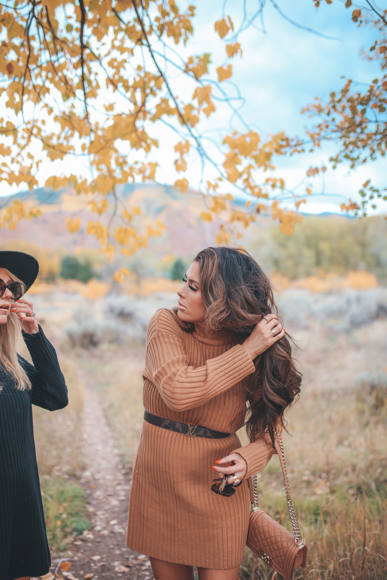 Louis Vuitton reversible belt, Chanel Brooch outfit idea, Dior oversized sunglasses fall 2021, medium tan Chanel boy bag, Steve Madden over the knee boots, 