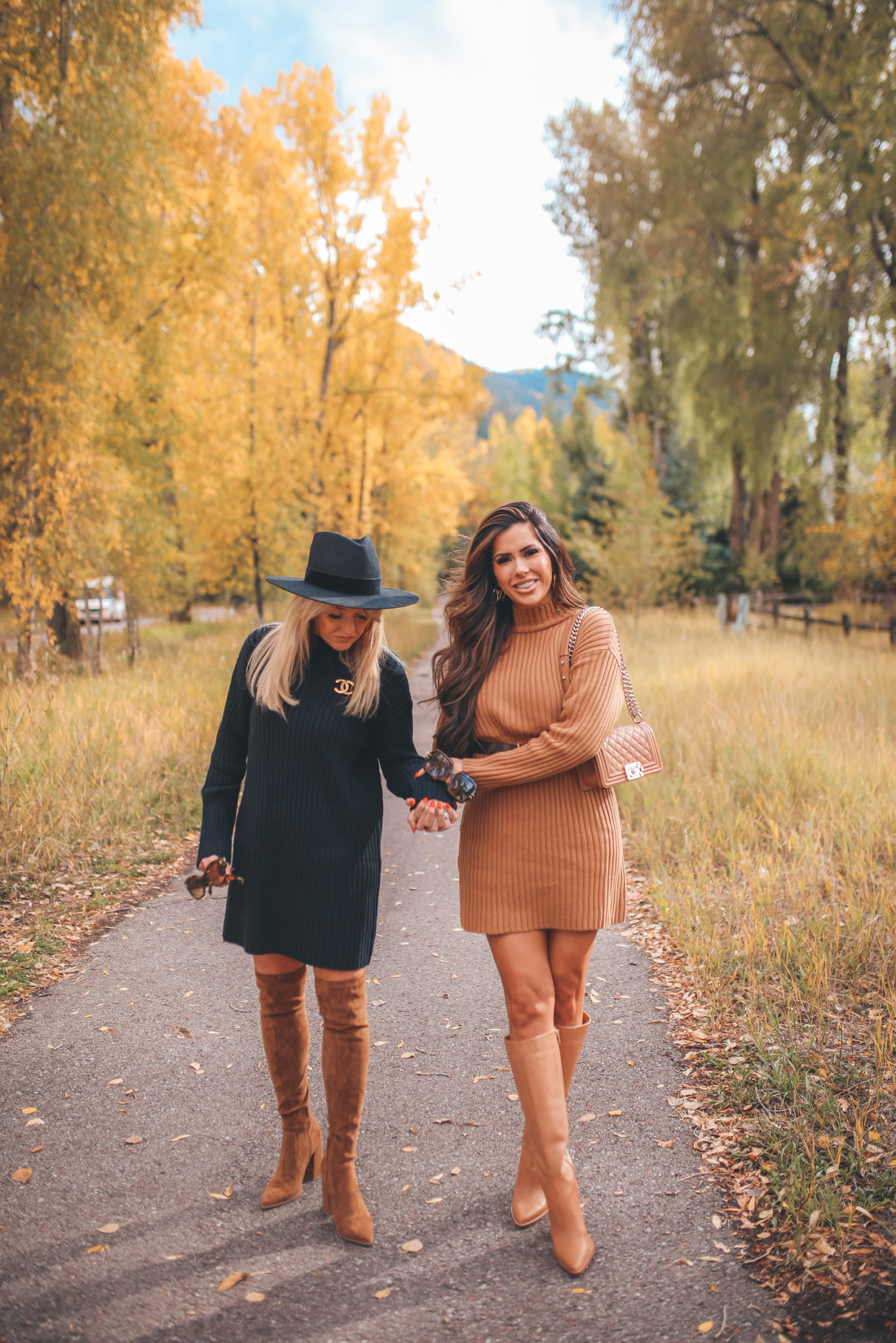 Louis Vuitton reversible belt, Chanel Brooch outfit idea, Dior oversized sunglasses fall 2021, medium tan Chanel boy bag, Steve Madden over the knee boots, Emily Ann Gemma, aspen fall fashion 2021