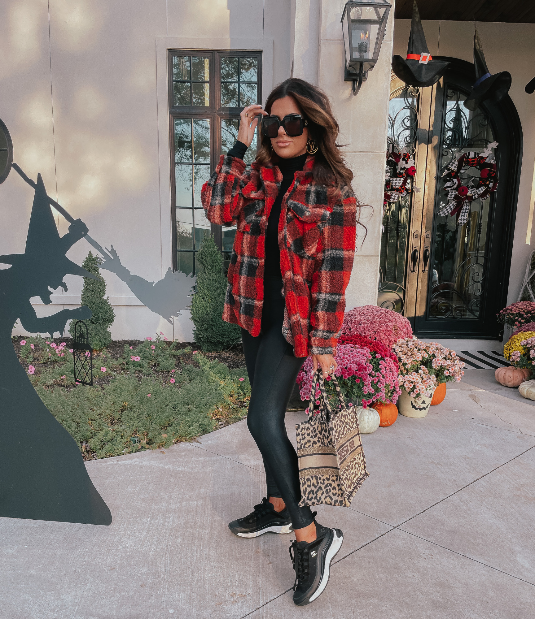 red sherpa plaid shacket, spanx leggings review, chanel black sneakers 2021, christian dior leopard book tote, emily gemma house