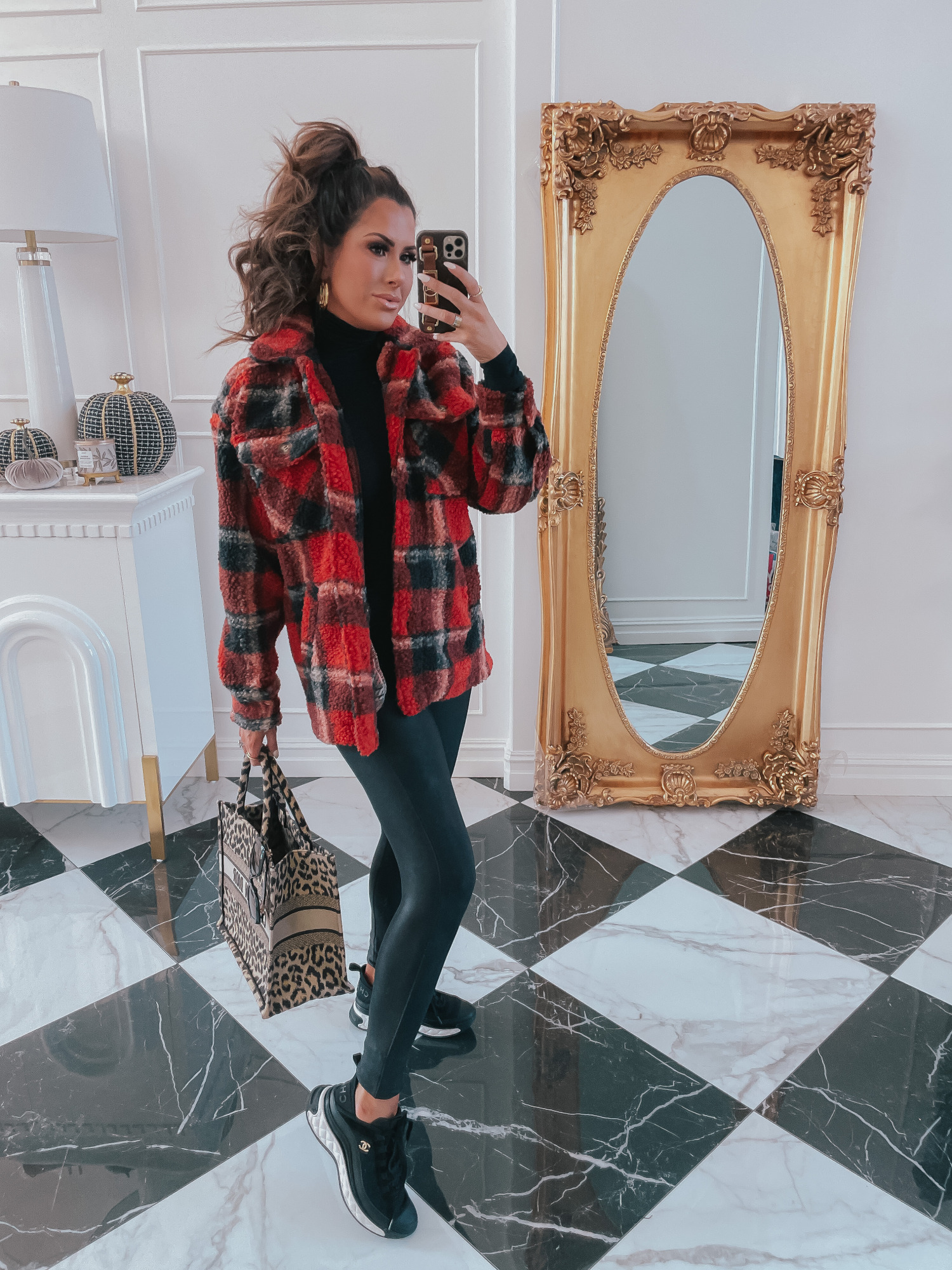 red sherpa plaid shacket, spanx leggings review, chanel black sneakers 2021, christian dior leopard book tote