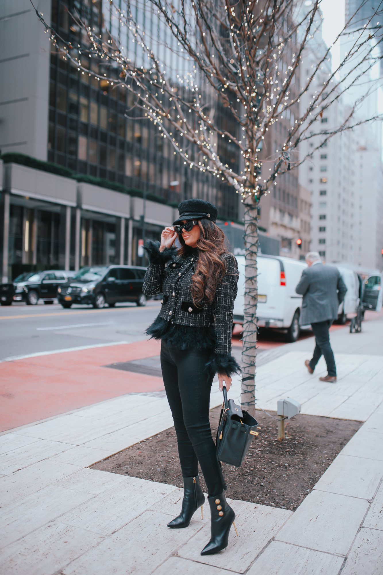 hermes kelly 28 black gold hardware epsom, YSL sunglasses 2021, tweed jacket with faux feather, emily gemma, chanel baker boy cap, emily gemma magic suit