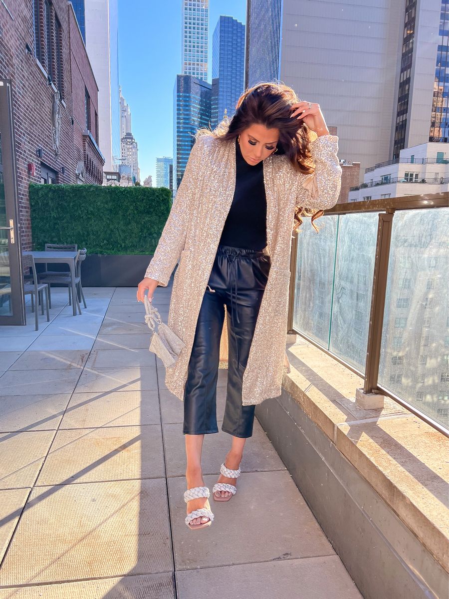 BB Dakota by Steve Madden Show Stopper Sequin Duster Jacket Steve Madden Kenley Sandal Nordstrom Emily Ann Gemma Faux Leather Jogger Pants Cult Gaia Mini Hera Rhinestone Shoulder Bag