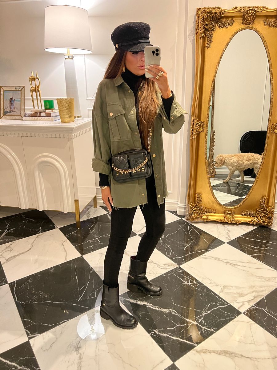 Chanel Black 22C Camera Bag, Chanel Black Road Trip Short Boots, Chanel Black Baker Boy Cap, Army Green Shacket, Emily Ann gemma