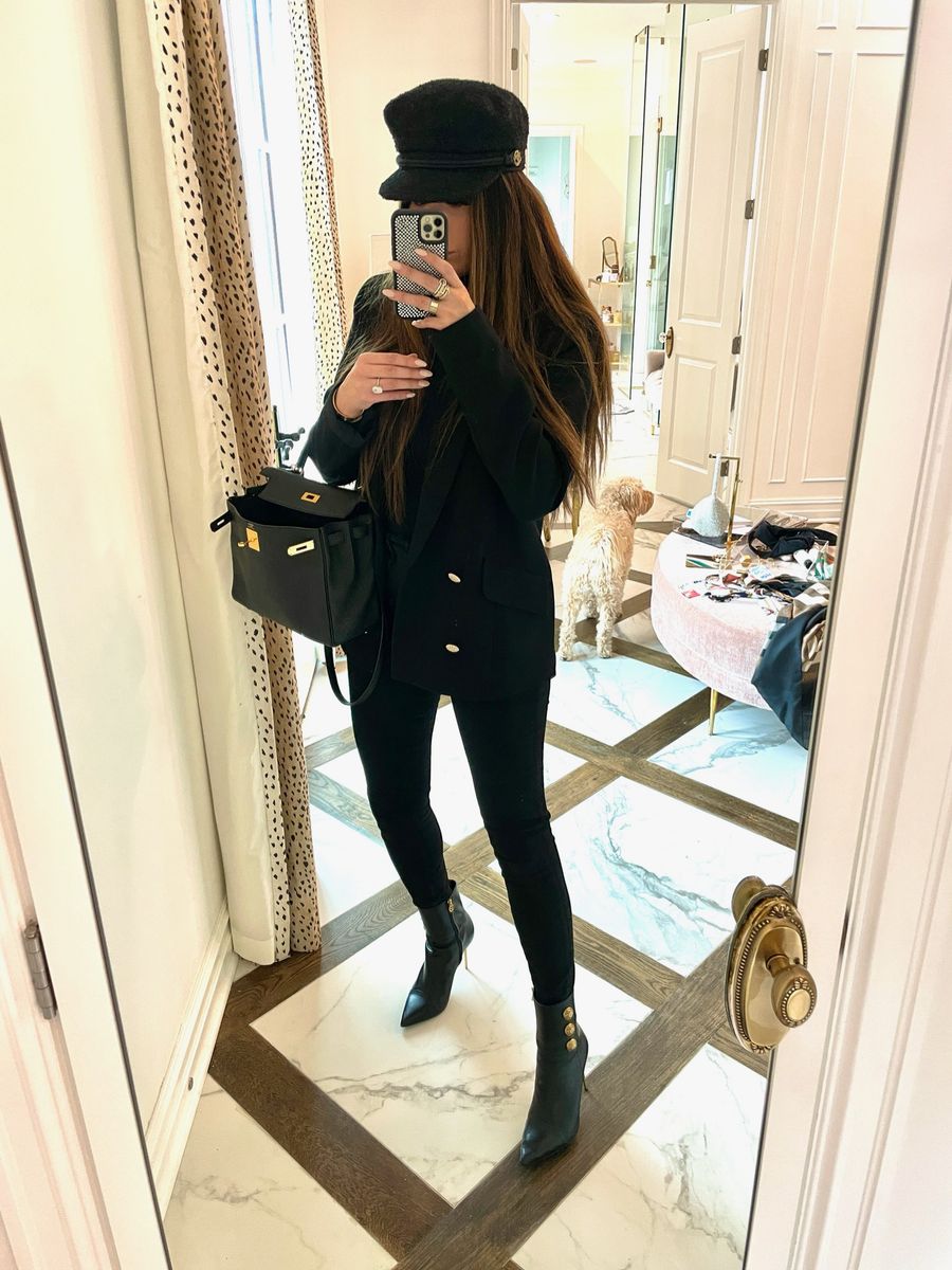 Hermes Kelly 28 Black Gold Hardware Epsom, Balmain Roni Metallic Heel Calfskin Booties, Chanel Baker Boy Cap, River Island black Blazer with Gold buttons, emily Ann Gemma