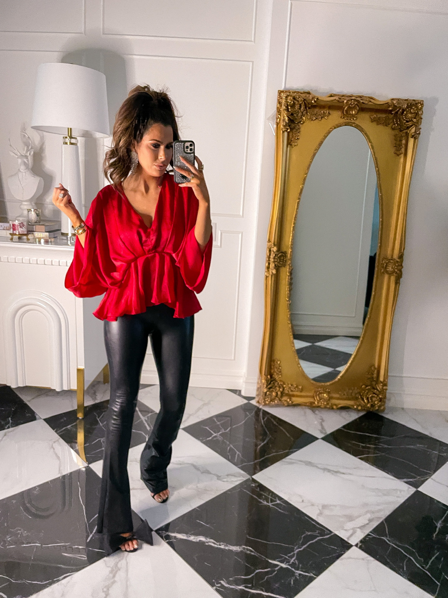 Jimmy Choo Aveline Bow Ankle Strap Sandal in Black, Commando Faux Leather Flare Legging, Holiday 2022 Try On Haul, Red Dress All Of The Time Red Top