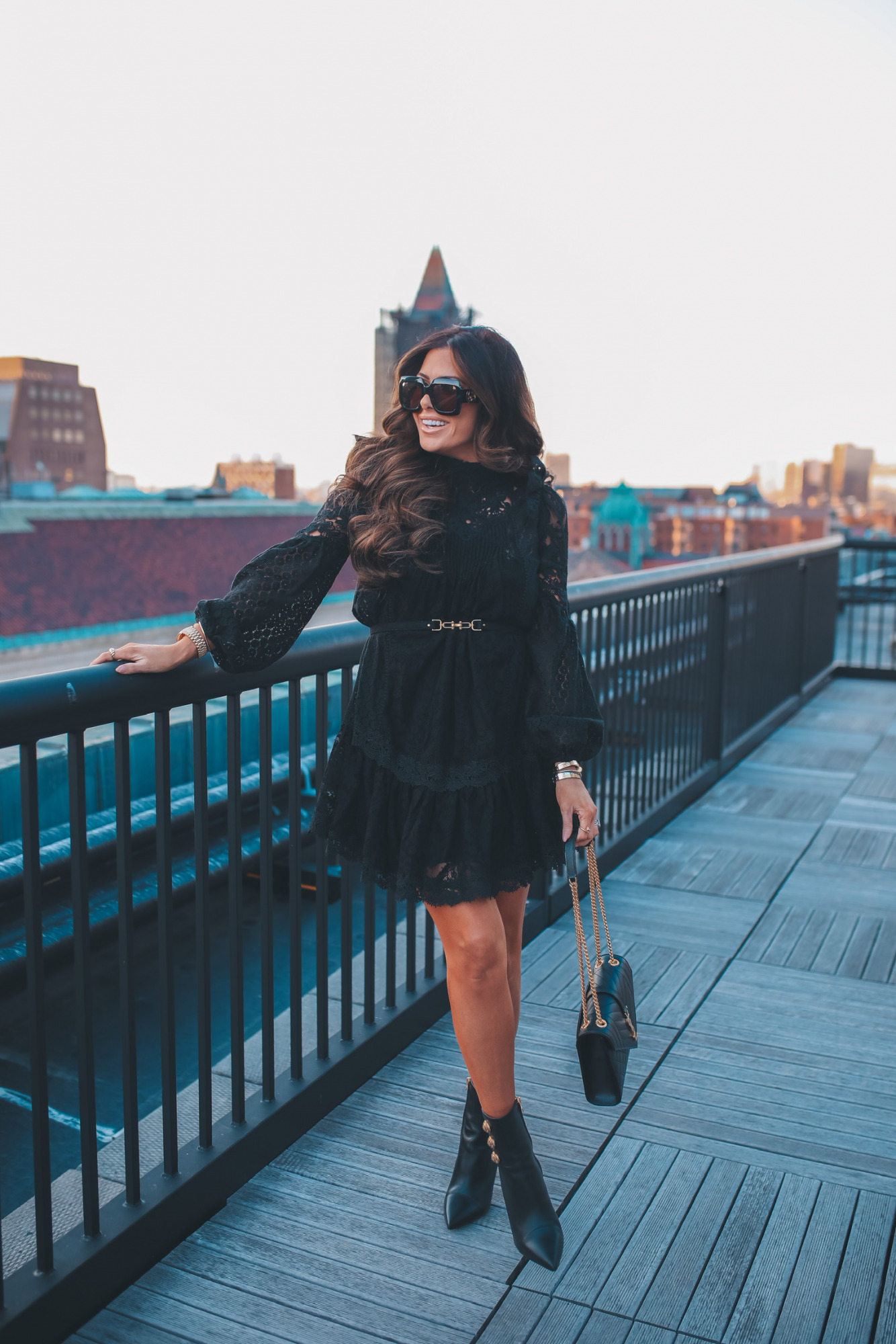 YSL Envelope Monogram Matelasse Leather Shoulder Bag, Zimmermann Concert Textured Lace Minidress, Gucci Chain Square Sunglasses, Balmain Roni Leather Boots, Emily Ann Gemma