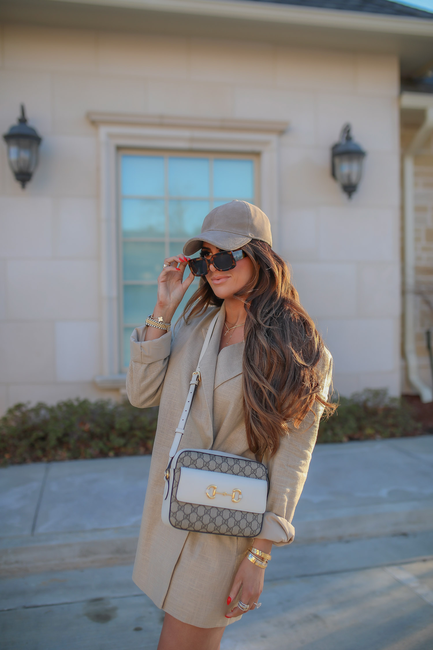 oversized blazer outfit idea, white cowboy boots outfit idea, matisse stella boot, lv fall in love earring, linen blazer outfit idea, emily gemma-11