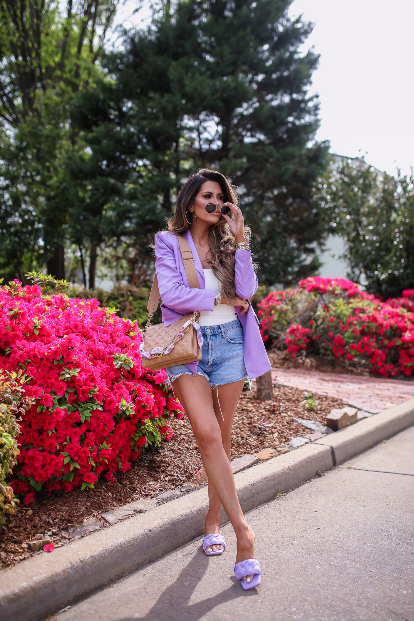 oversized lavender blazer womens, spring oversized blazer trend 2022, nordstrom womens oversized blazer, hermes lavender twilly, coussin PM tan review, AGOLDE jean shorts review, emily gemma-5