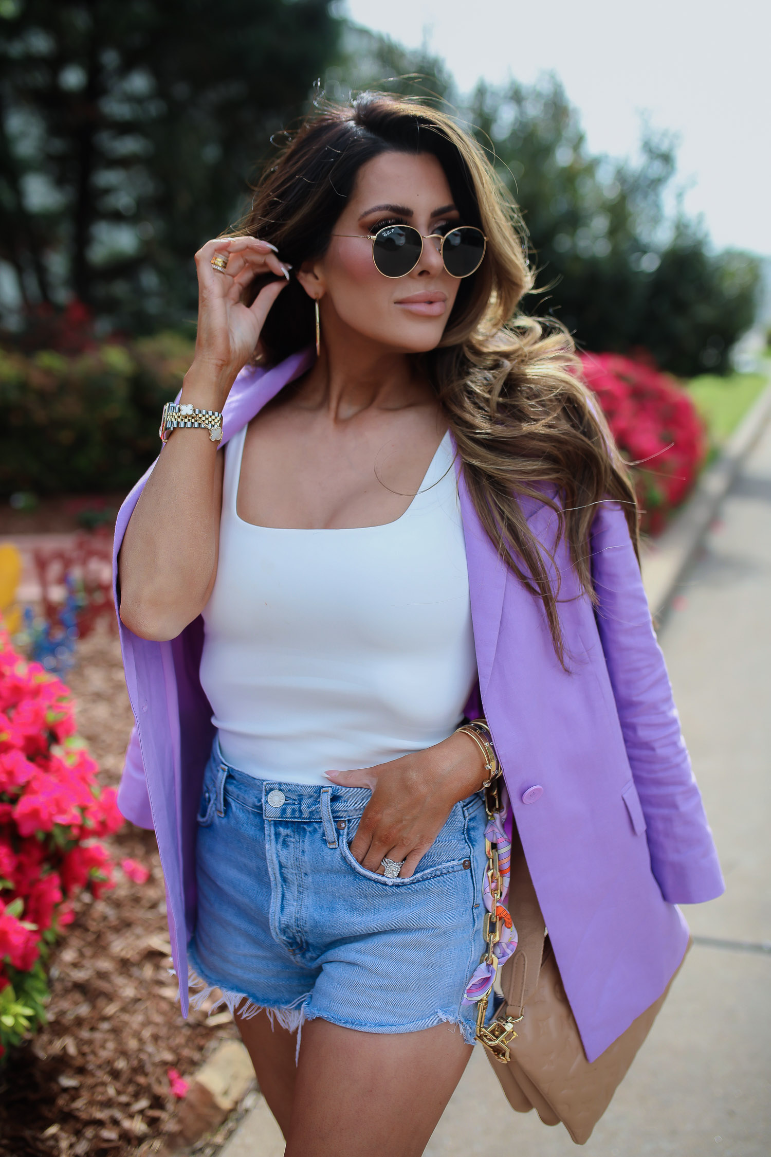 Good American modern tank, Good American tank review, Good American tops, Best women white tank top 2022, oversized lavender blazer womens, spring oversized blazer trend 2022, nordstrom womens oversized blazer, hermes lavender twilly, coussin PM tan review, AGOLDE jean shorts review, emily gemma