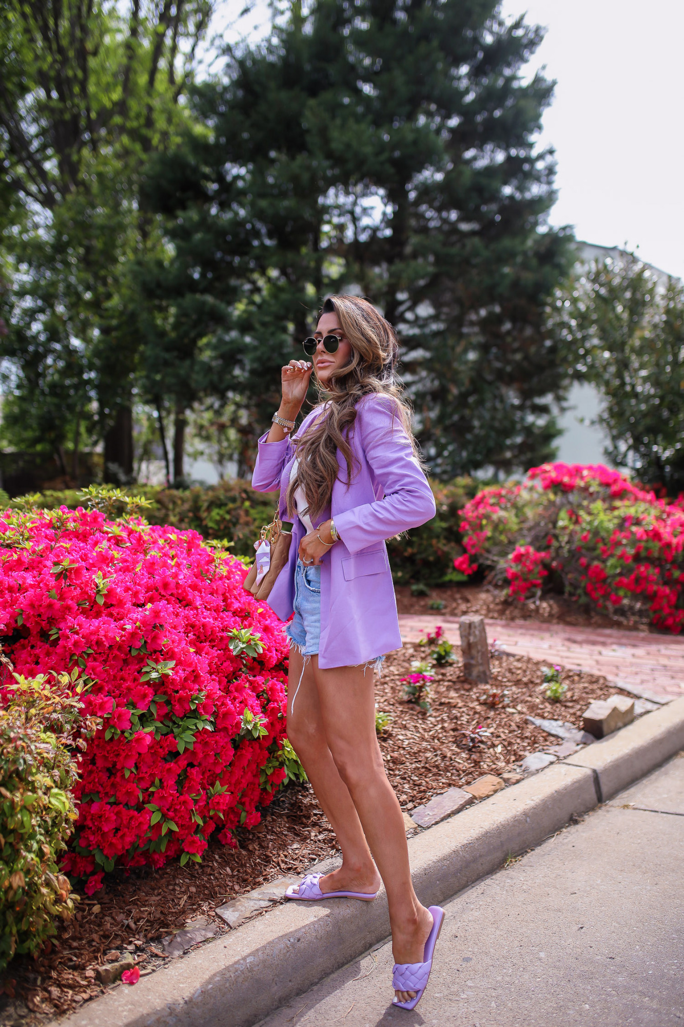 AGOLDE shorts review, oversized lavender blazer womens, spring oversized blazer trend 2022, nordstrom womens oversized blazer, hermes lavender twilly, coussin PM tan review, AGOLDE jean shorts review, emily gemma