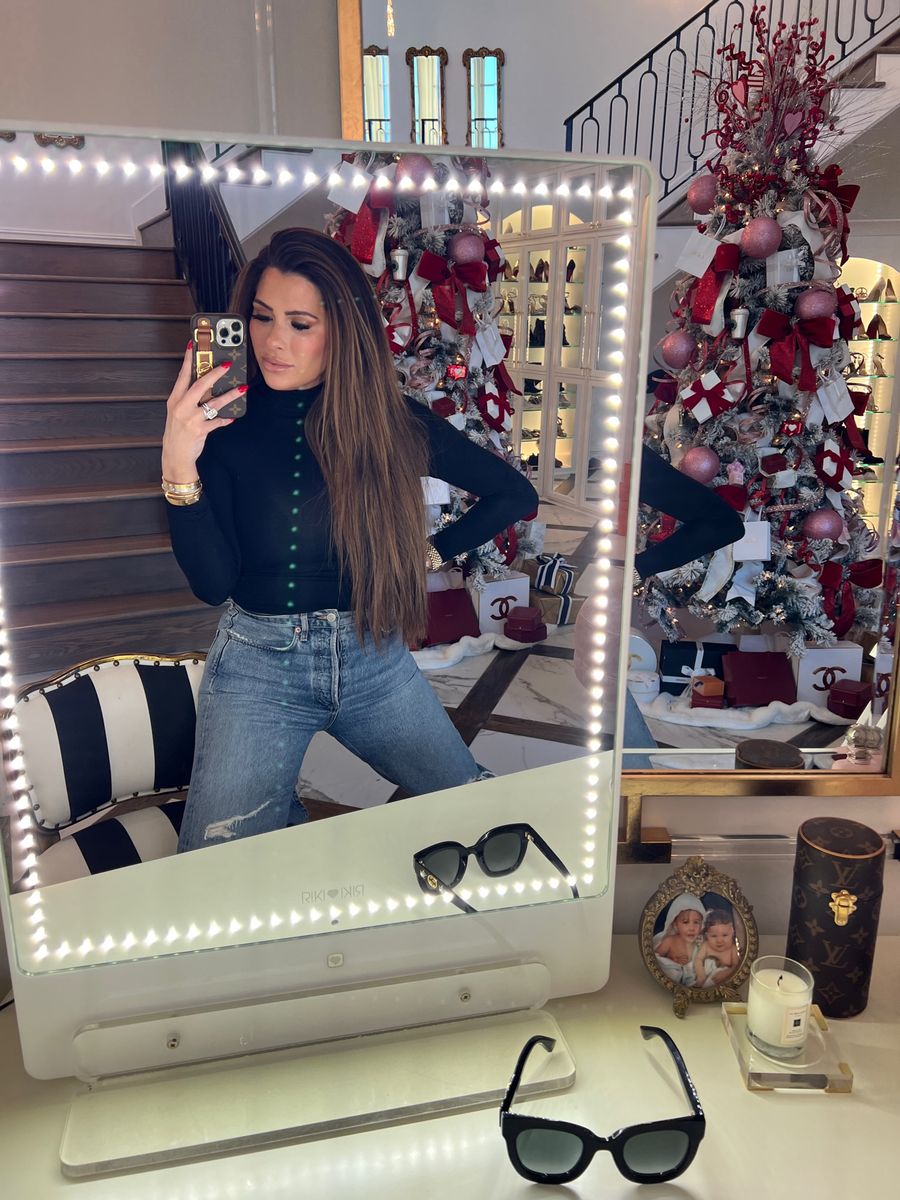 riki loves riki tall lighted mirror, Emily Gemma Home, Vanity decor, Good american turtleneck bodysuit, agolde 90's crop jeans, emily ann gemma