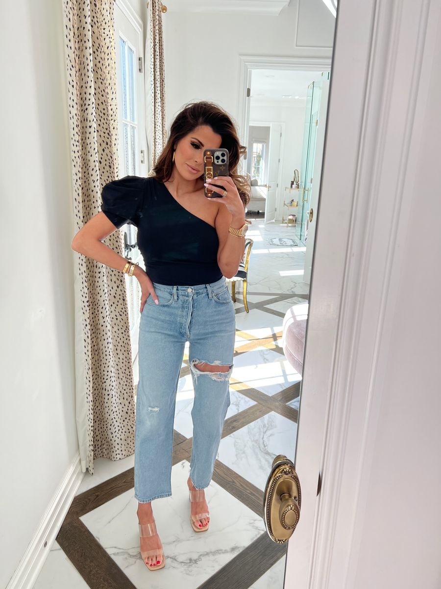 Agolde 90's Ripped Crop Loose Fit Jeans, Free People Somethini Bout You One-Shoulder Bodysuit, Cartier Dupe Jewelry, Emily Ann Gemma