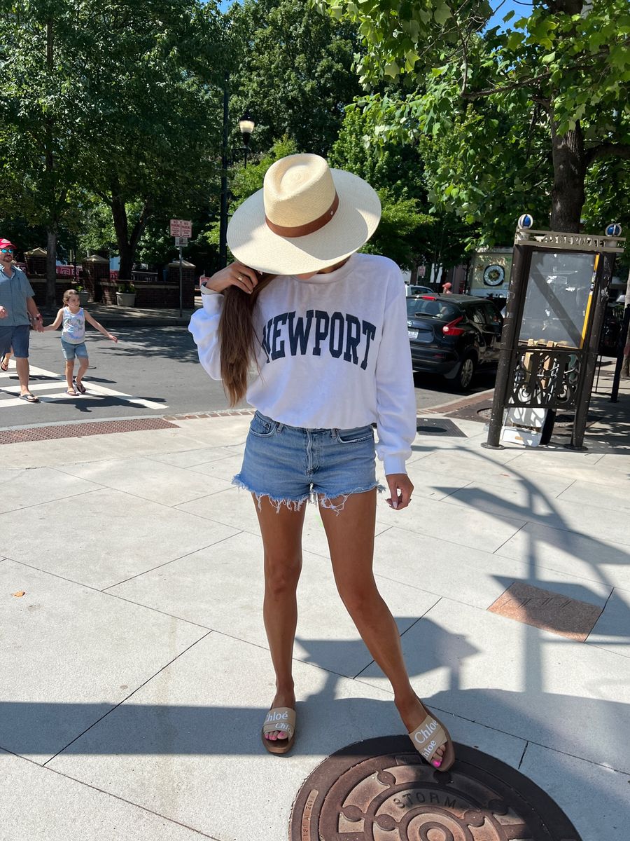 Agolde Parker High Waist Cutoff Shorts, Rag & Bone Wide Brim Panama Hat, Chloe Logo Slide Sandals, Emily Ann Gemma