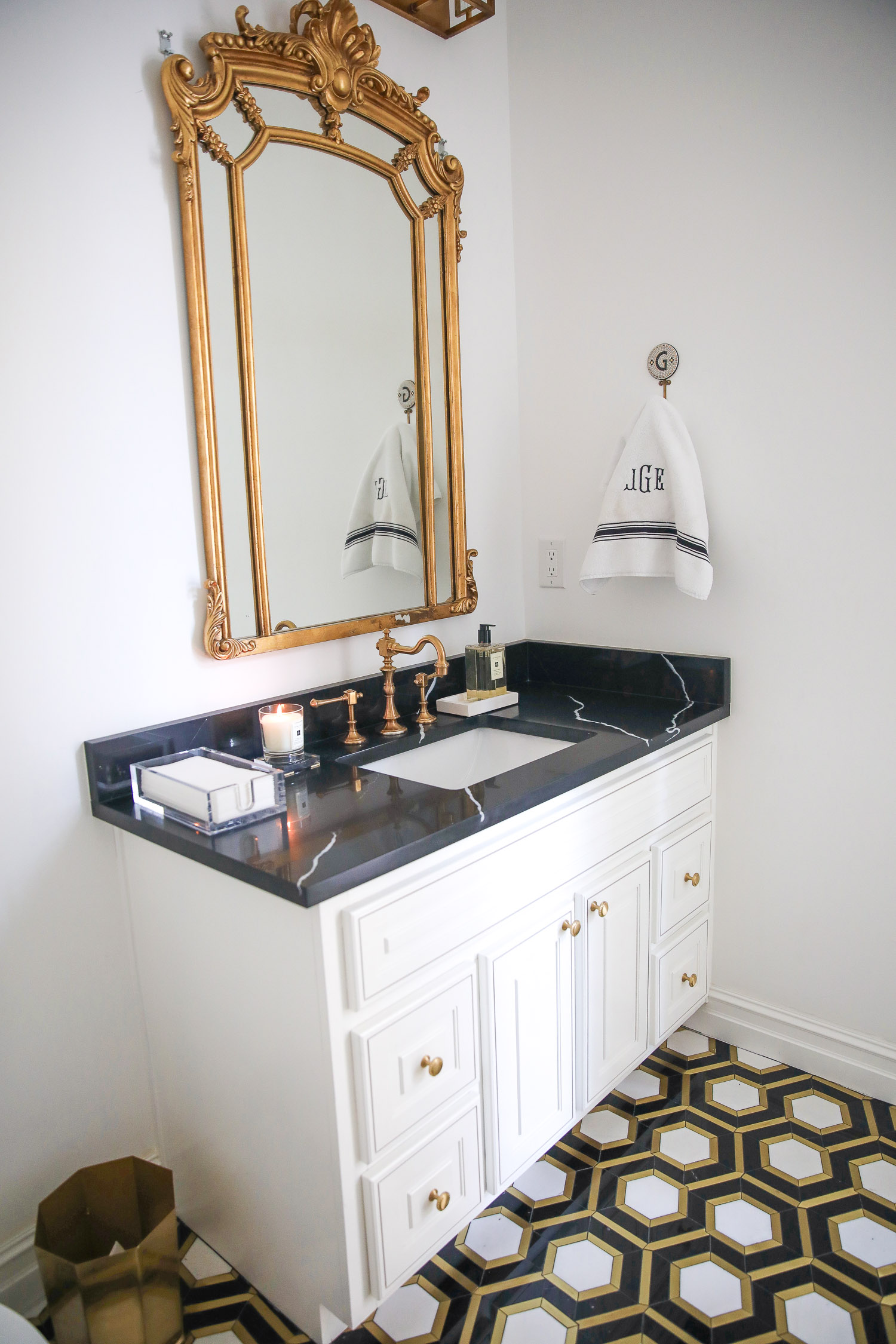 powder bath black quart gold hardware, Emily Gemma powder bath