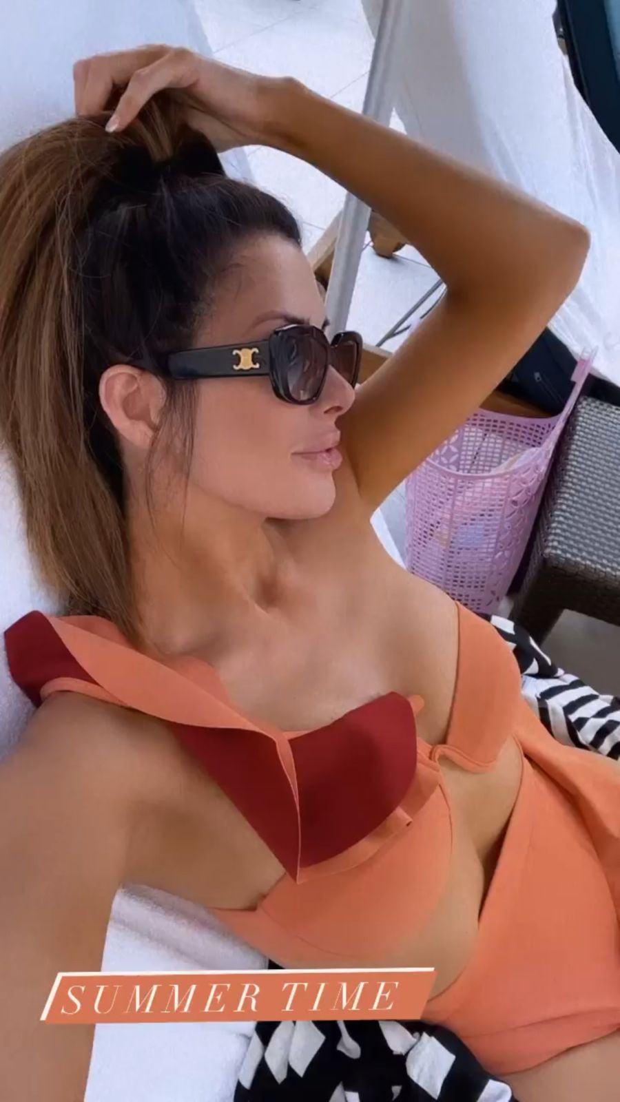 Andrea lyamah bikini, celine triomphe 55mm rectangular sunglasses, fendi bicolor logo slide sandal, emily ann gemma