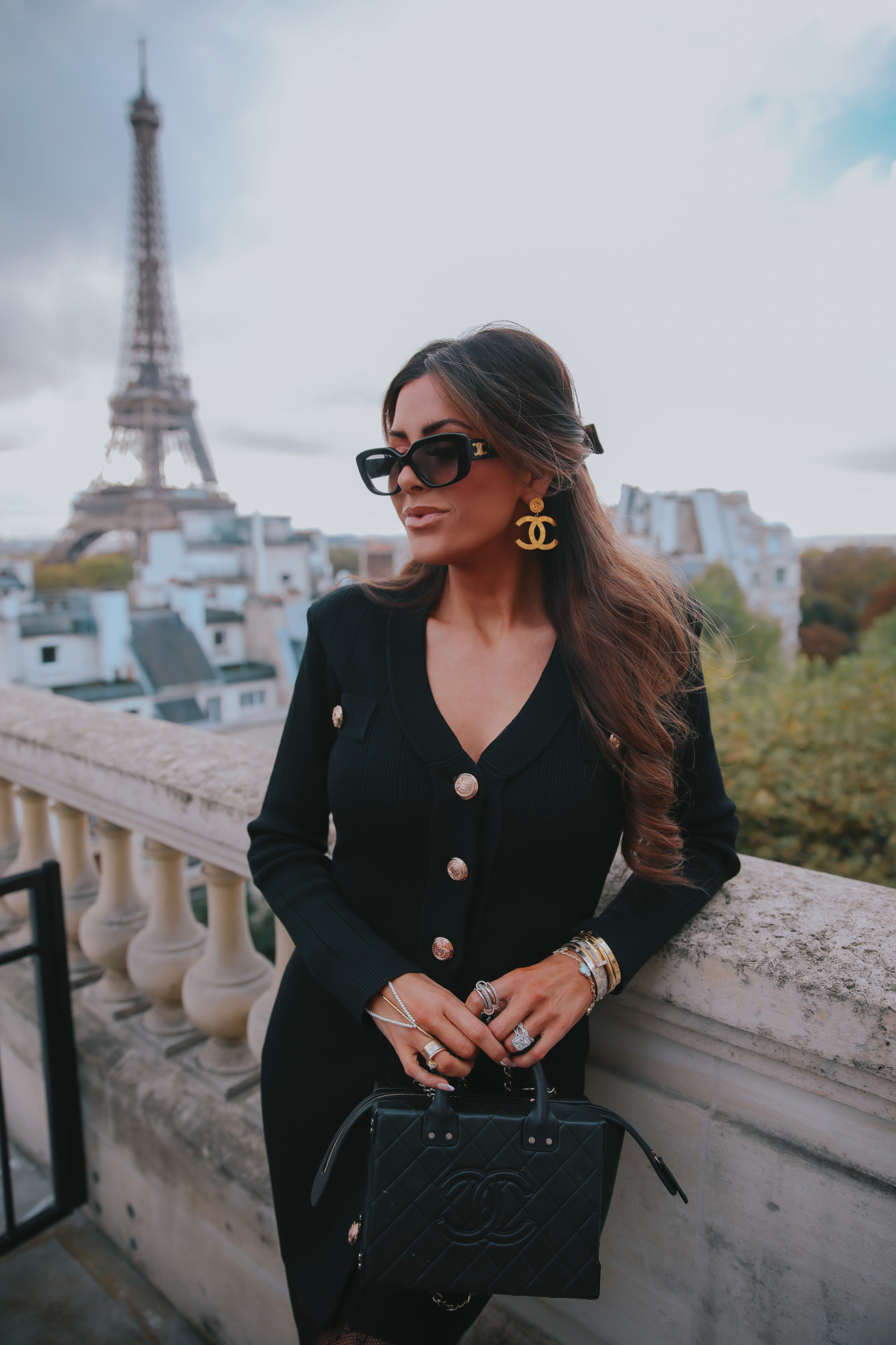 Celine Triomph black sunglasses, balmain dupe dress nordstrom, chanel paris button earrings