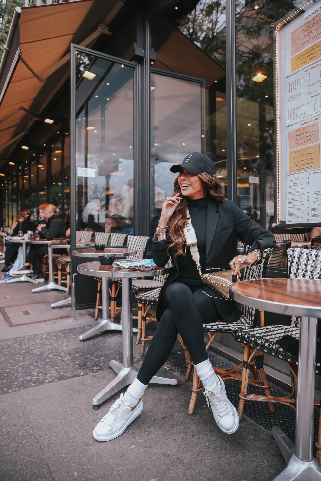 Paris fall fashion 2022 outfit ideas, socks and sneakers trend outfit, YSL baseball cap 2022, Prada gold triangle bag