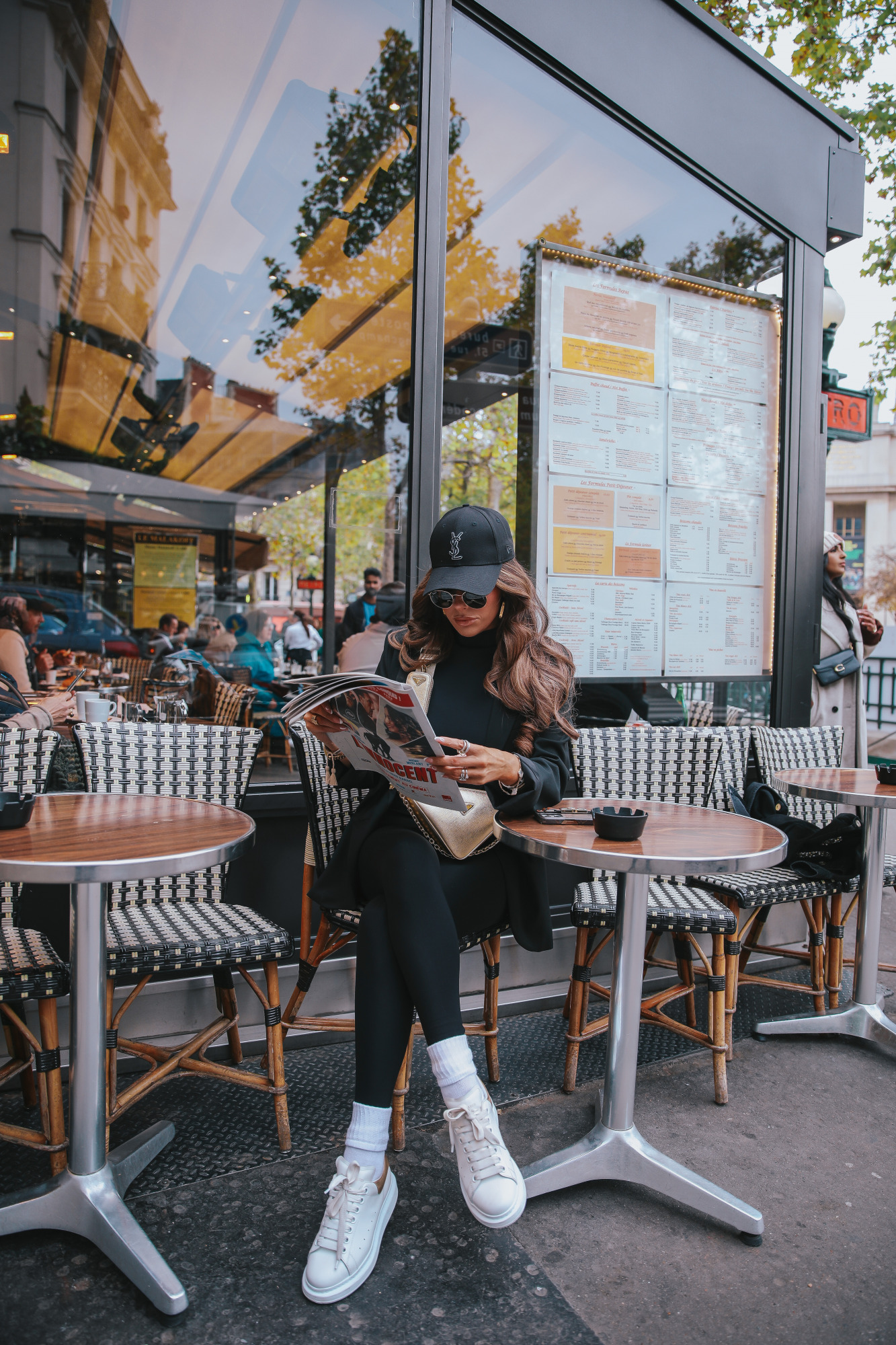 socks and sneakers trend outfit, YSL baseball cap 2022, Prada gold triangle bag, emily gemma paris