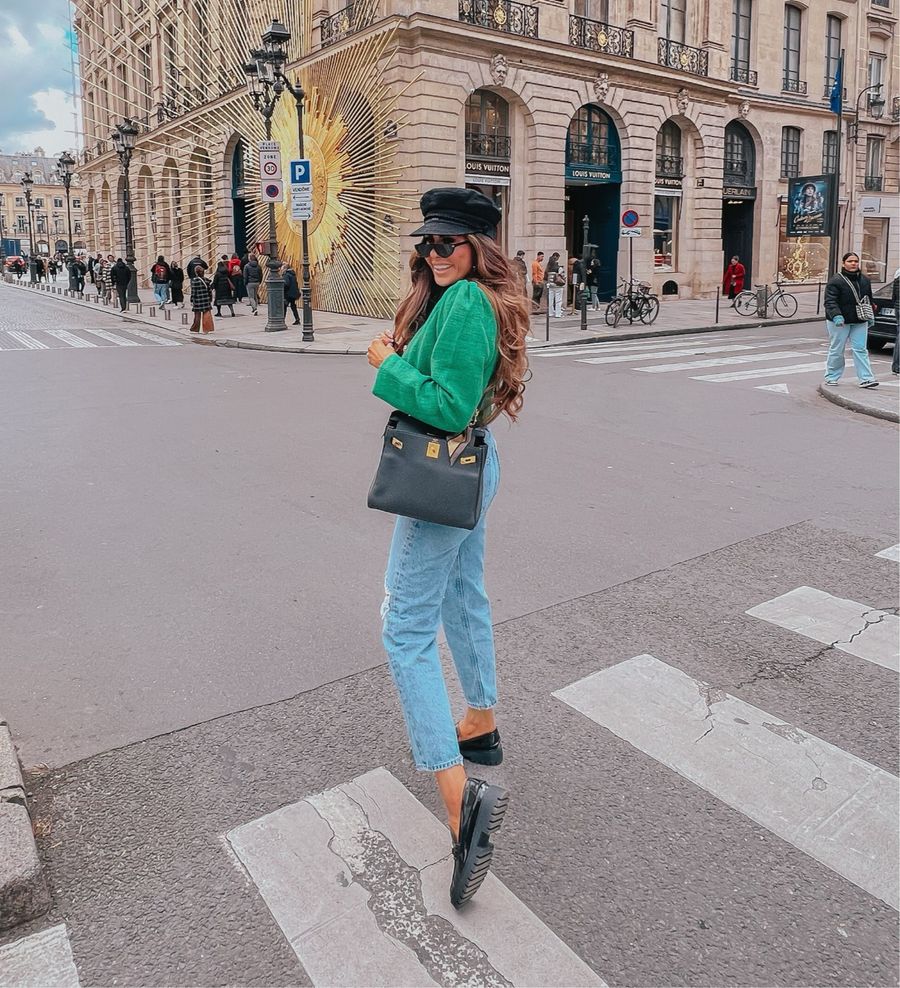 Parisian Street Style, Hermes Togo Kelly 28, Gucci Loafer Dupe, Emily Ann Gemma