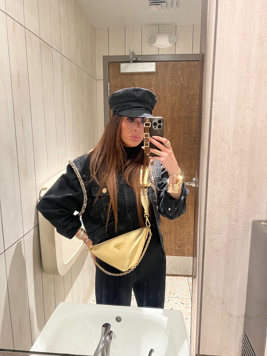 Prada Triangle Saffiano Triangle Shoulder Bag, DiorTravel Cap, Sandro Paloma Jacket, Airport Outfit 2022, Emily Ann Gemma