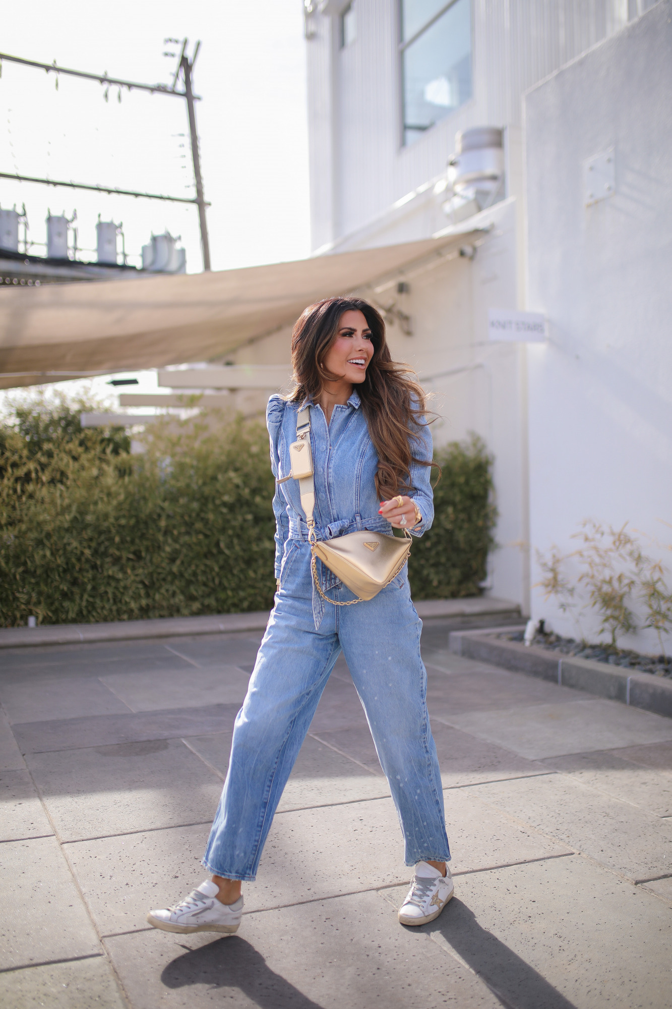 express denim jumpsuit, golden goose sneaker outfit idea, prada gold triangle bag, tulsa fashion blogger1