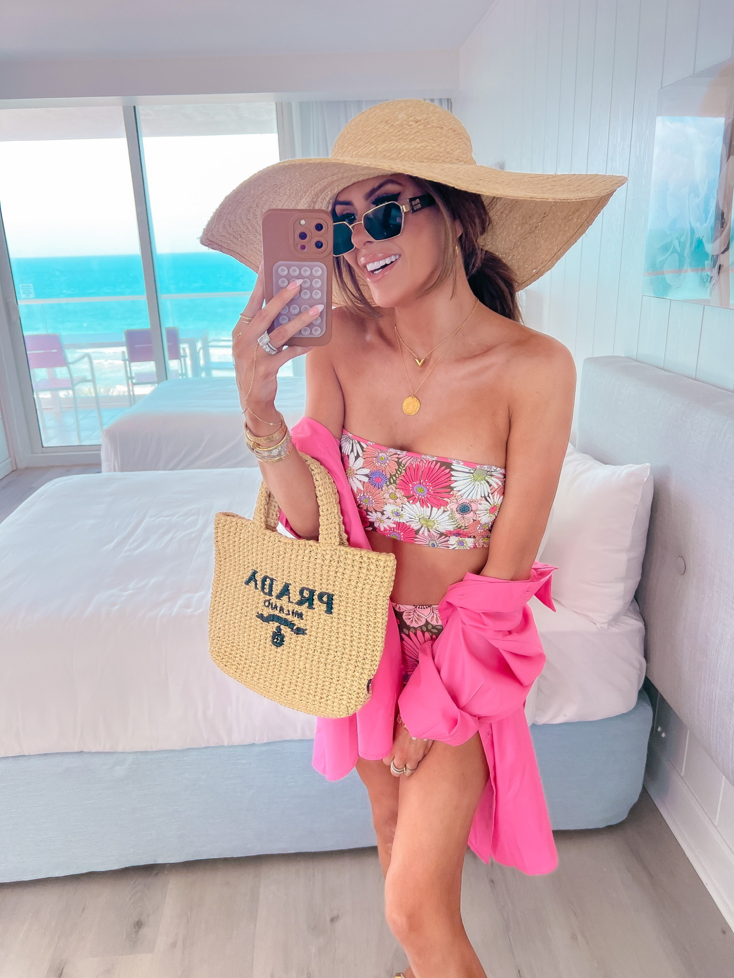 Agua Bendita Bikini, Prada Straw Beach Bag, Miu Miu tinted cat-eye sunglasses, red dress boutique try on haul, emily ann gemma, miami fashion blogger