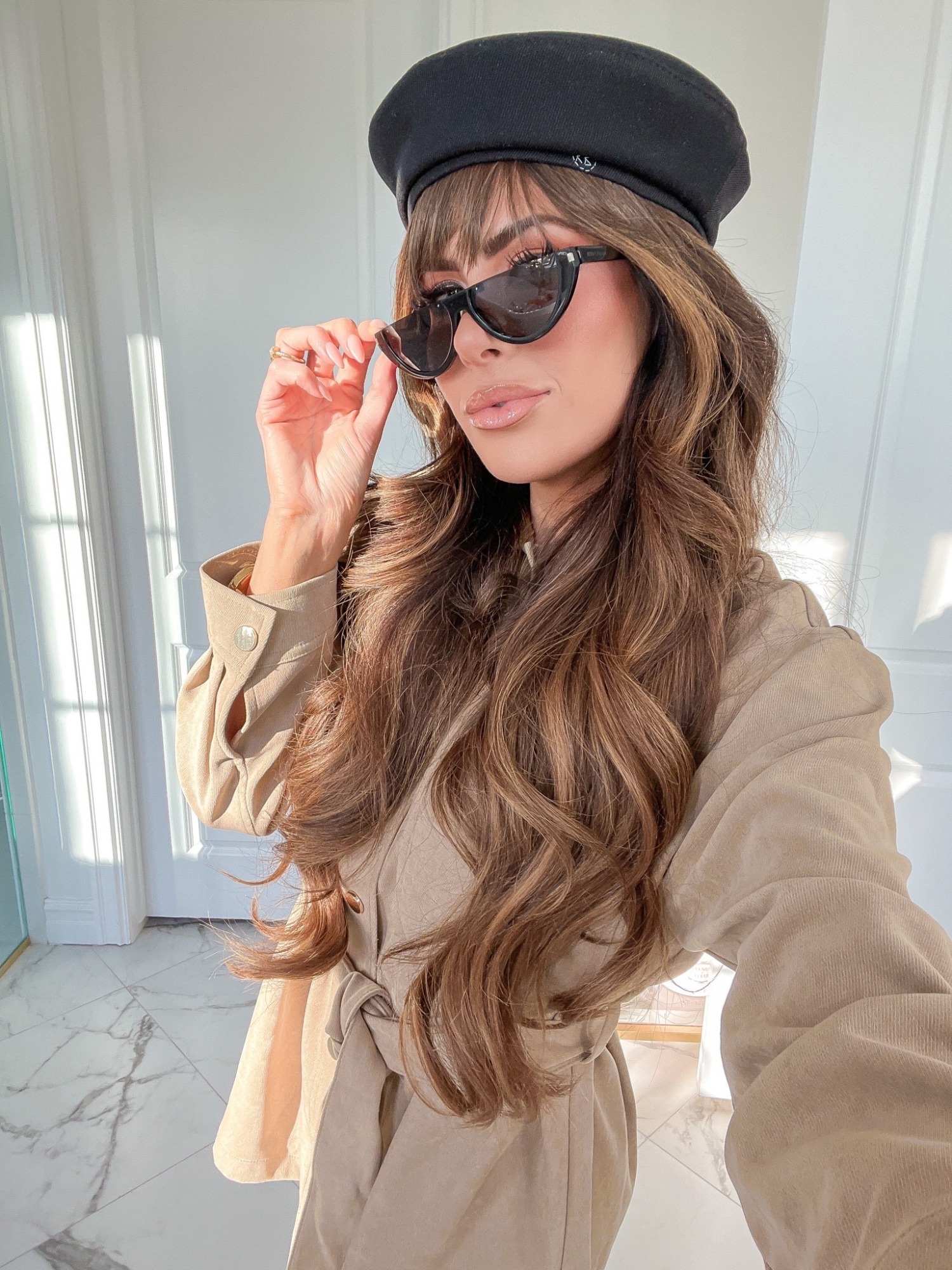 Ruslan Baginskiy Embroidered Beret, Saint Laurent Cat Eye Sunglasses, Emily Ann Gemma